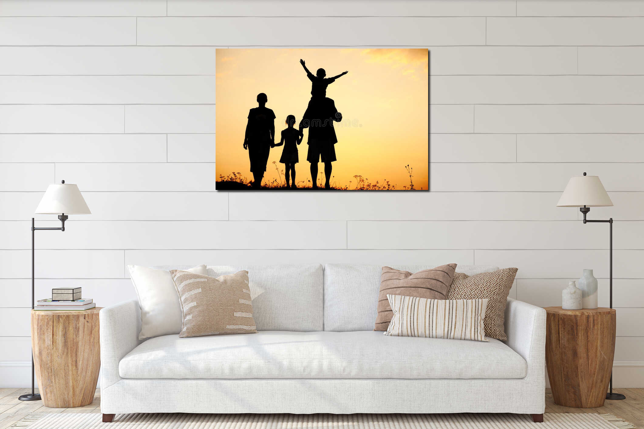 Silhouette, happy children with mother and father interior mockup