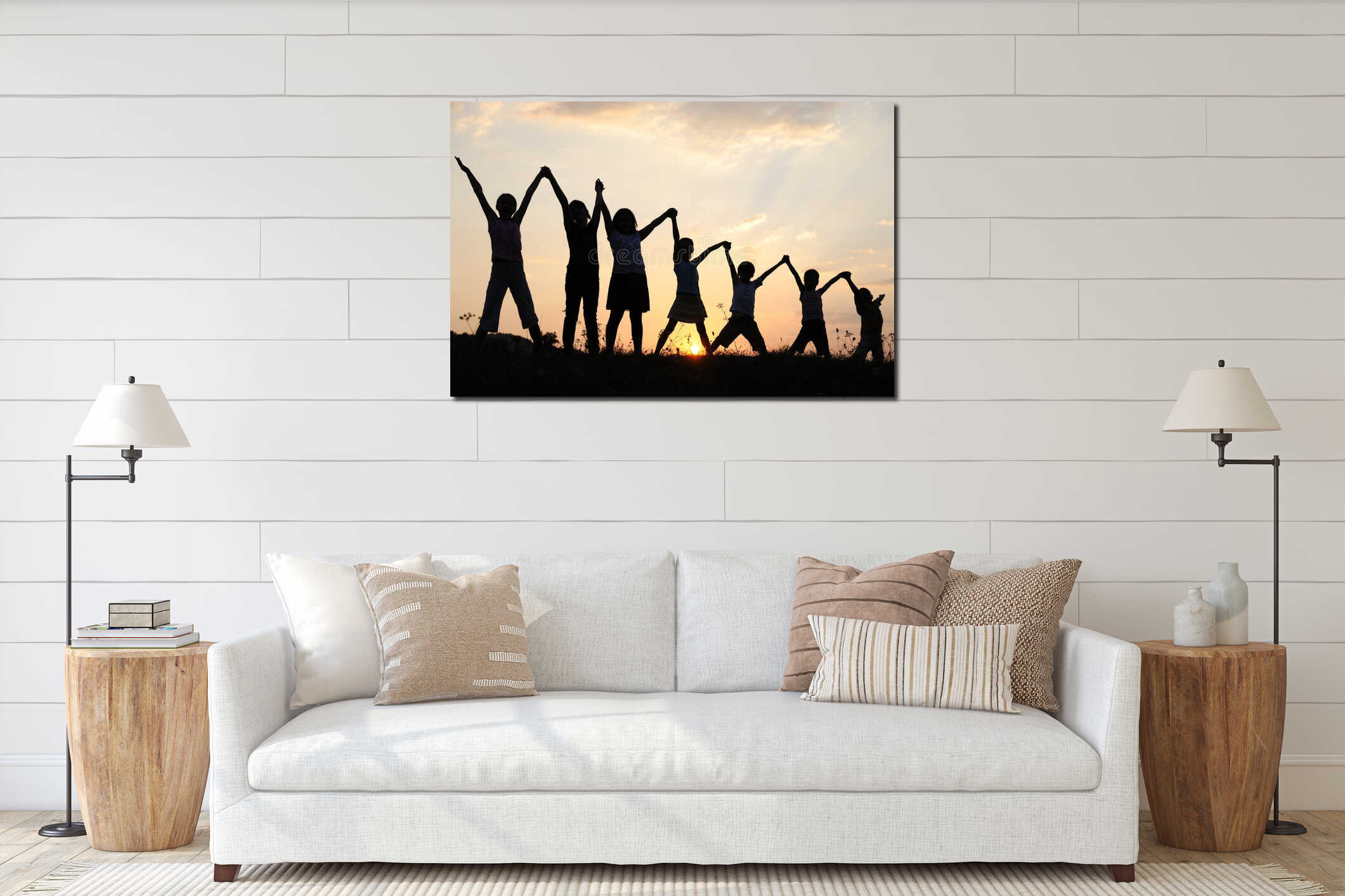Silhouette, group of happy children interior mockup
