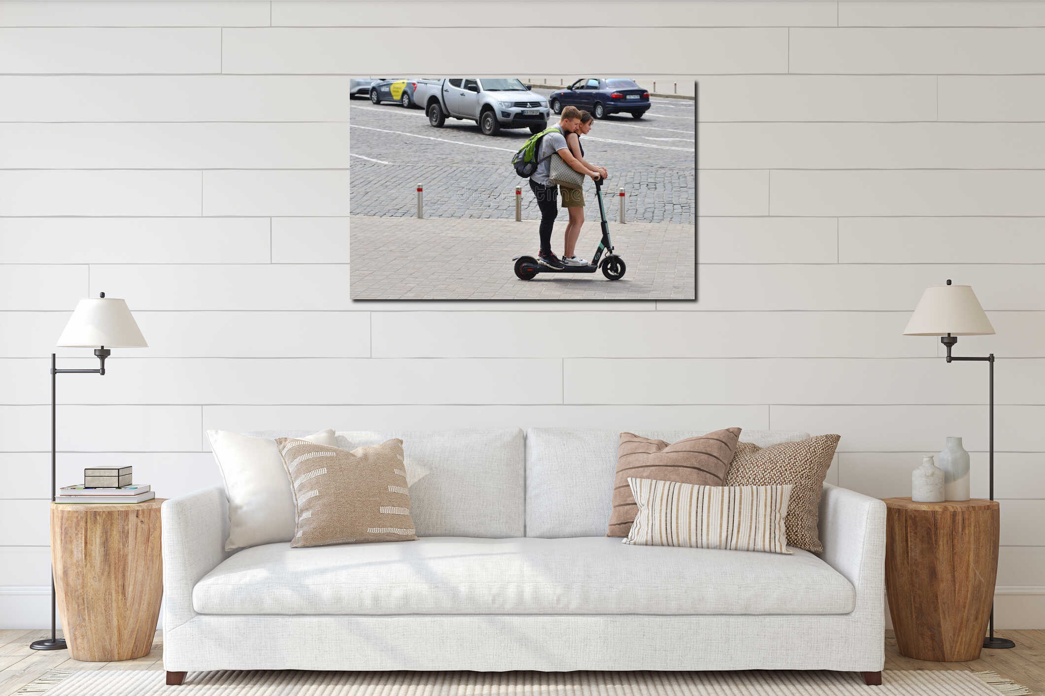 A couple rides on a rental electric scooter on the sidewalk interior mockup