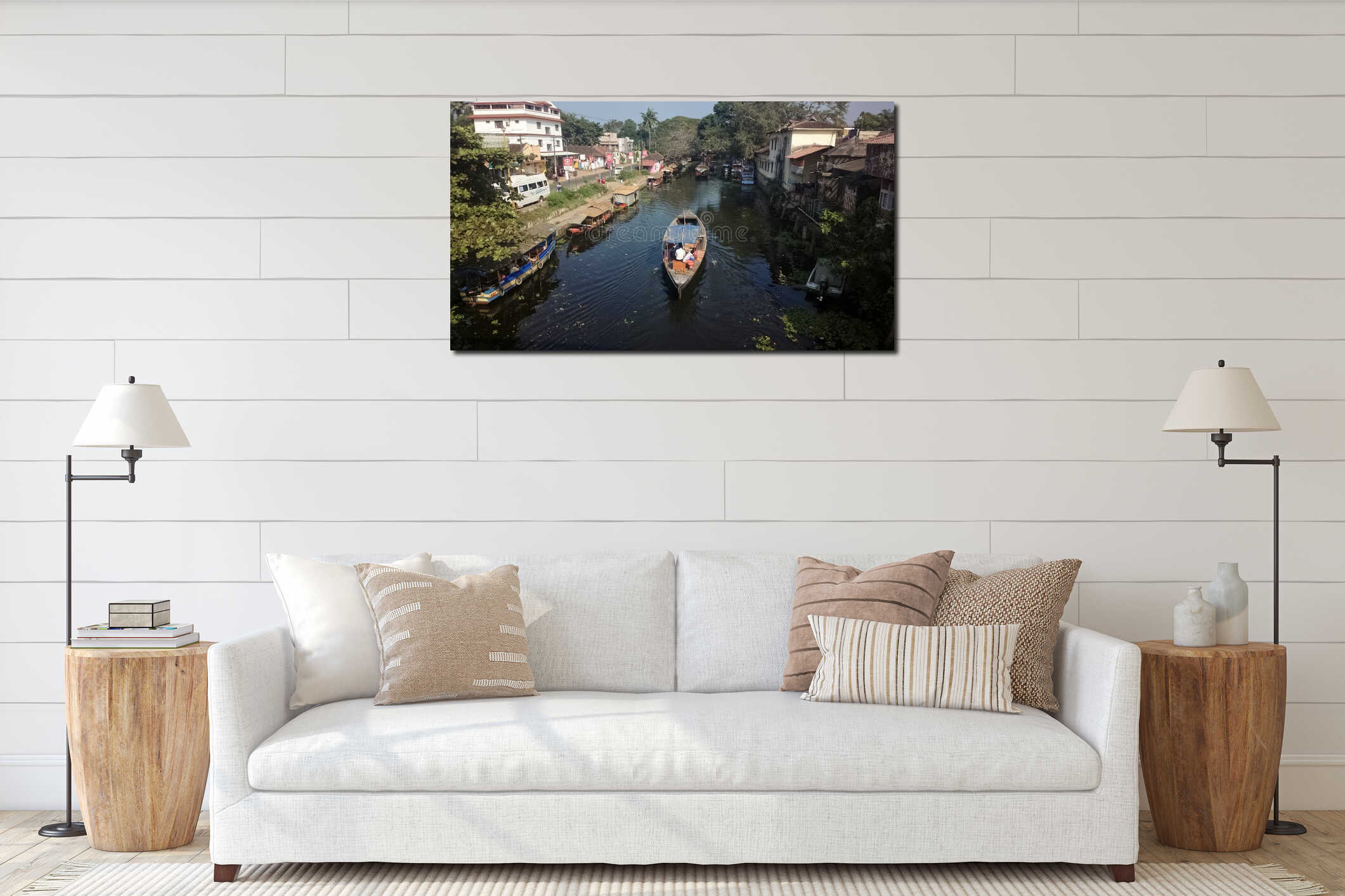 A wooden ferry boat passing through a backwaters canal in the town of Alleppey interior mockup