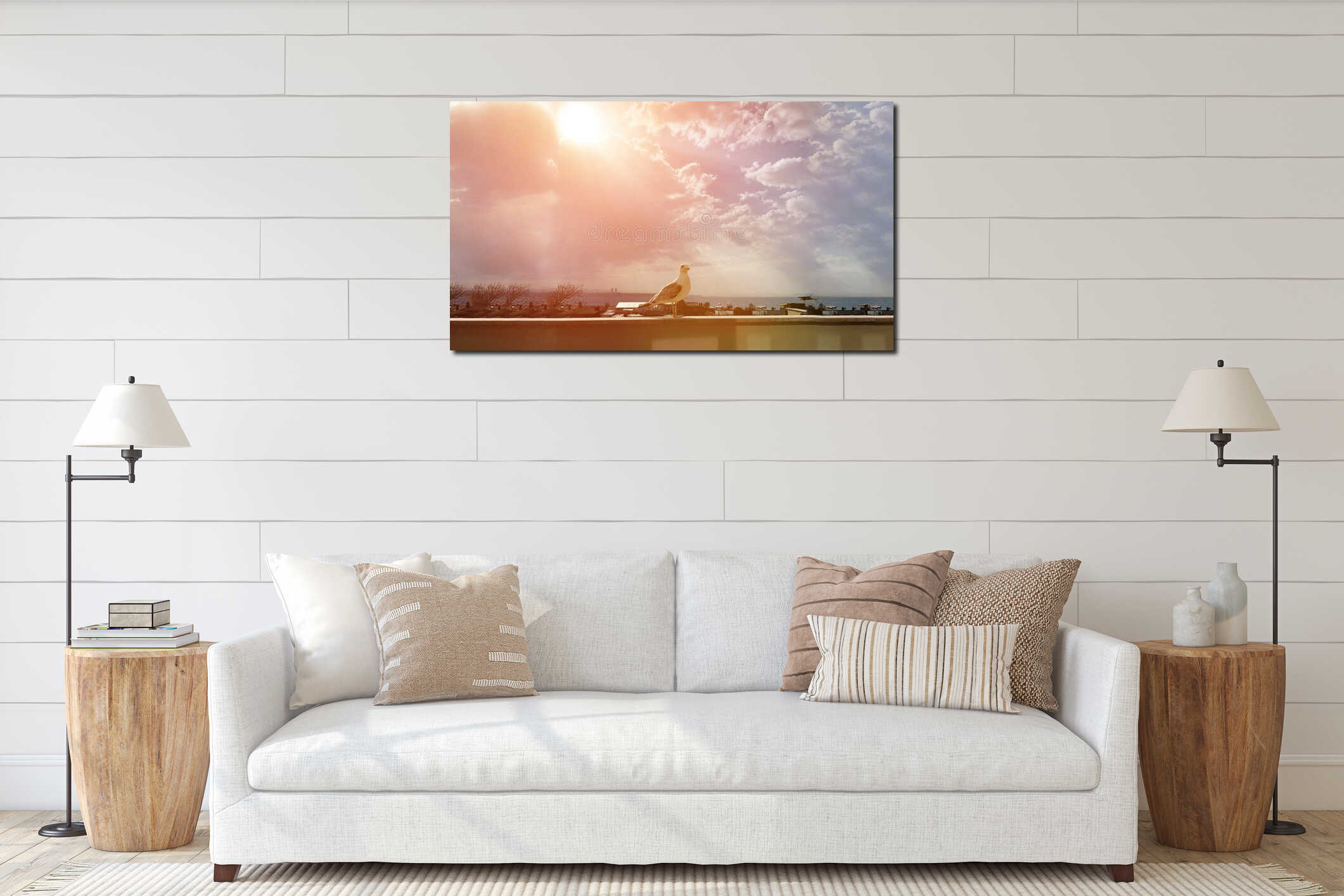 Portrait of a seagull. Seagull stands on a concrete parapet against the gray sea interior mockup