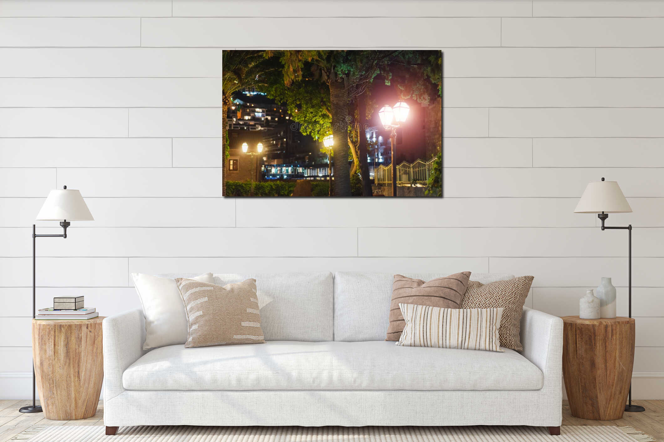 Palm trees in the evening city. Street lit by lanterns interior mockup