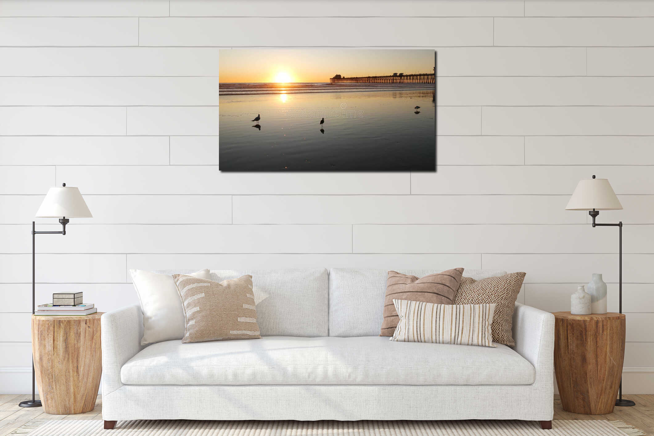 Pier silhouette at sunset, California USA, Oceanside. Ocean tropical beach. Seagull bird near wave interior mockup