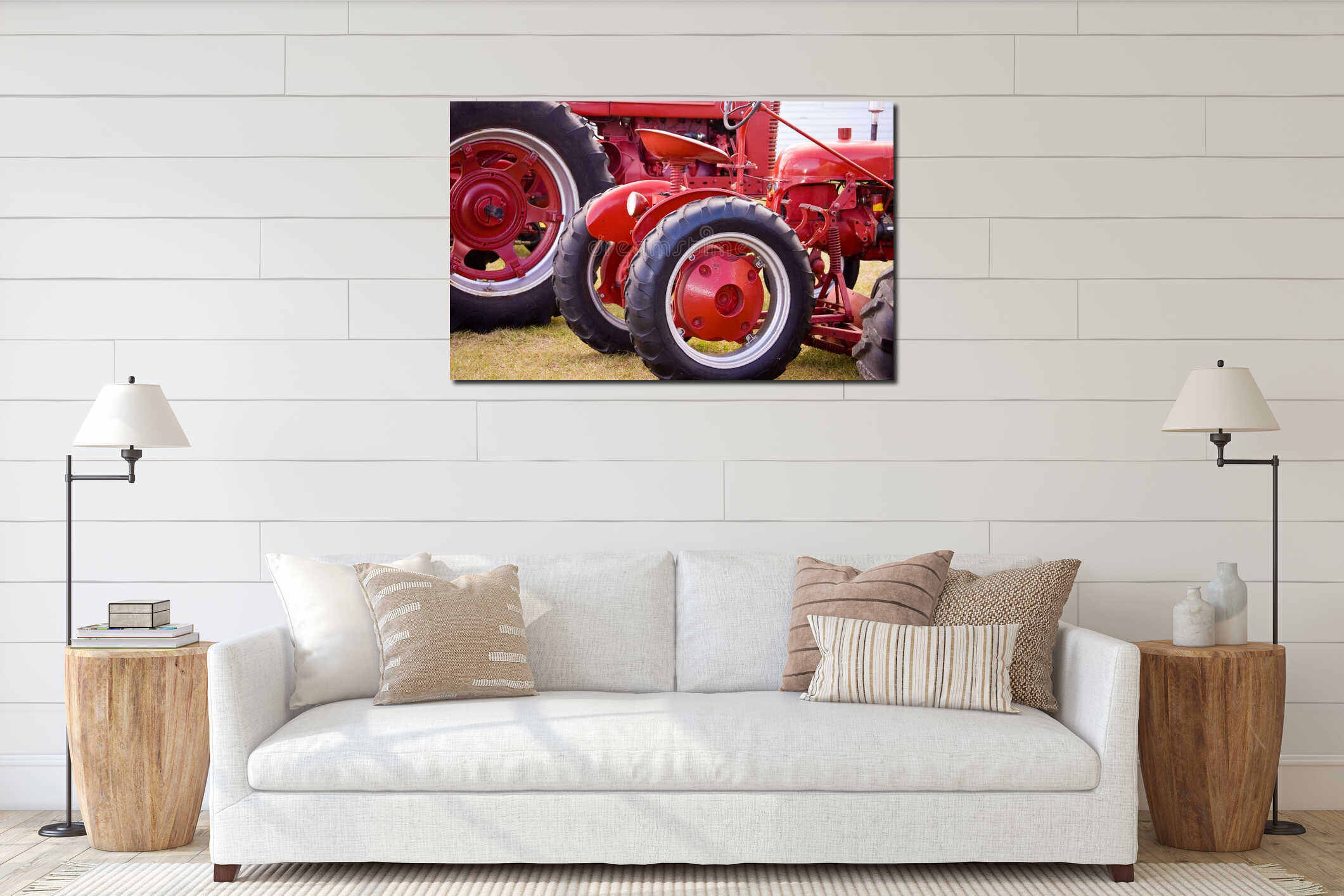 Red antique tractor interior mockup
