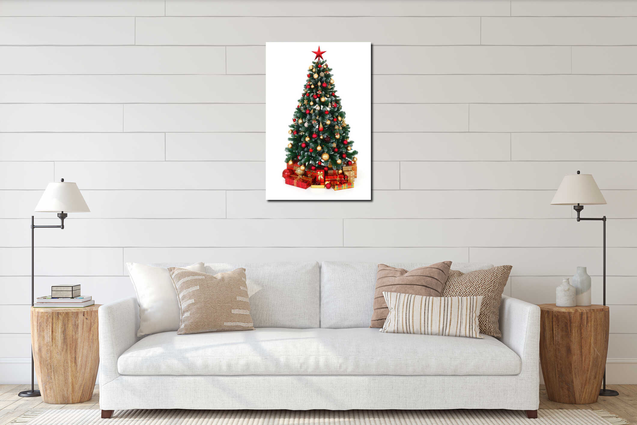 Green decorated Christmas tree and presents interior mockup