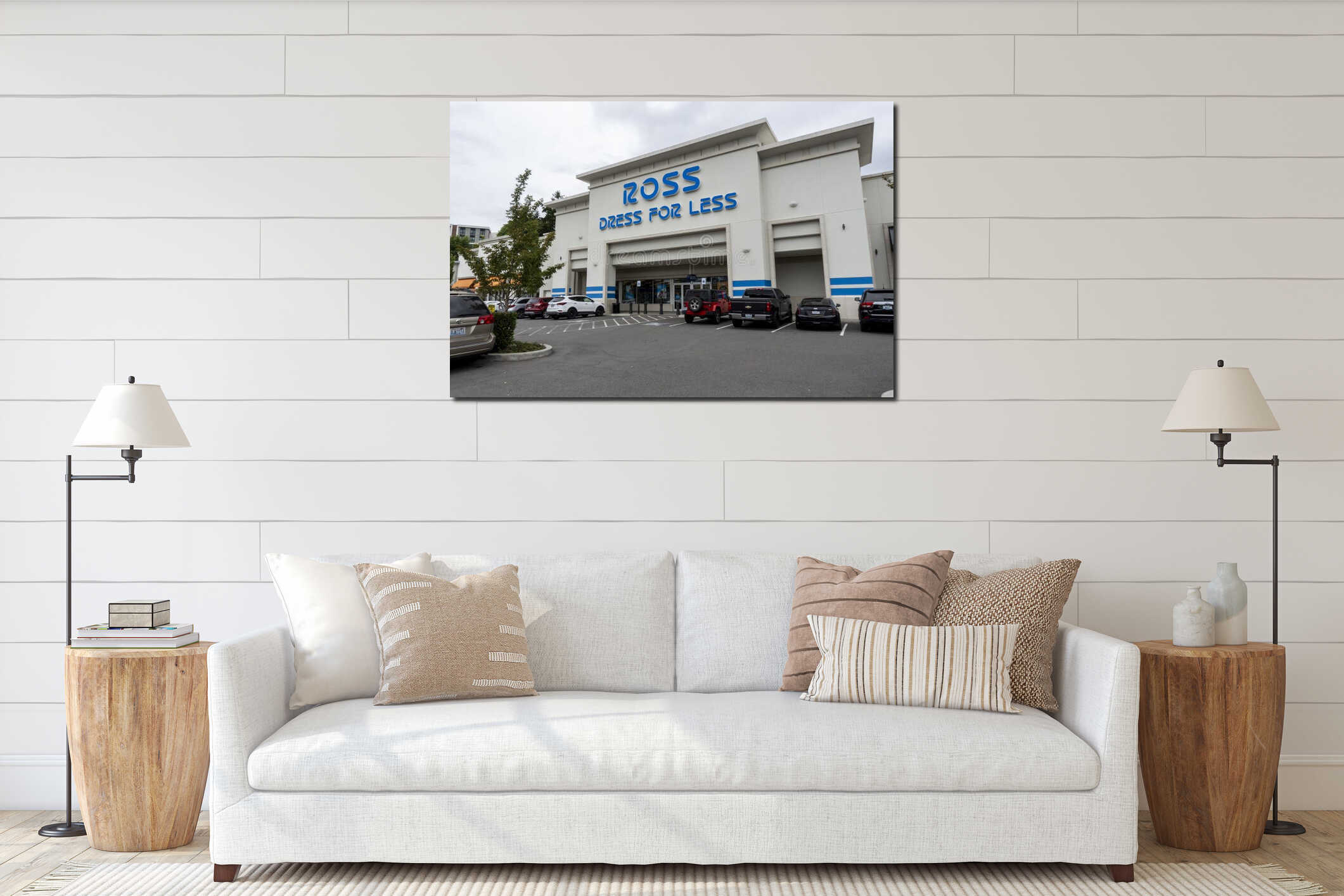 Kirkland, WA USA - circa July 2021: Angled view of the exterior of a Ross Dress For Less clothing store on an overcast day interior mockup