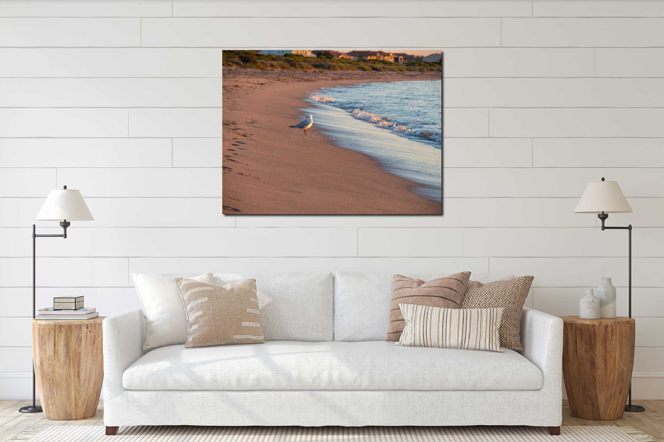 Sunset at Long Point with a seagull on the beach, Port Kennedy interior mockup