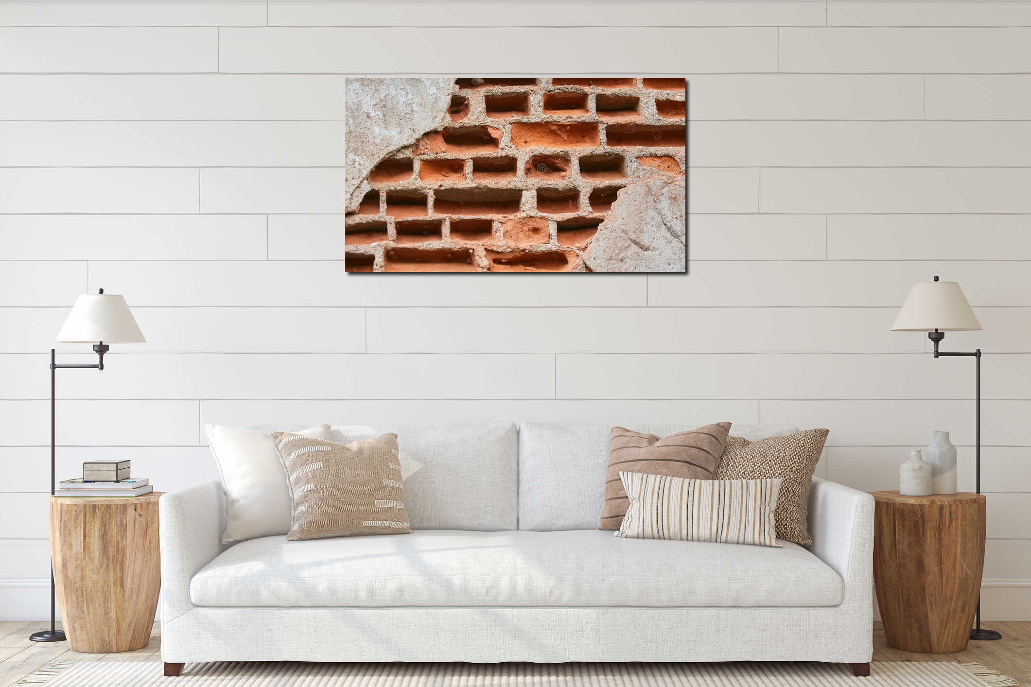 The facade of an old dilapidated house is cracked brickwork interior mockup