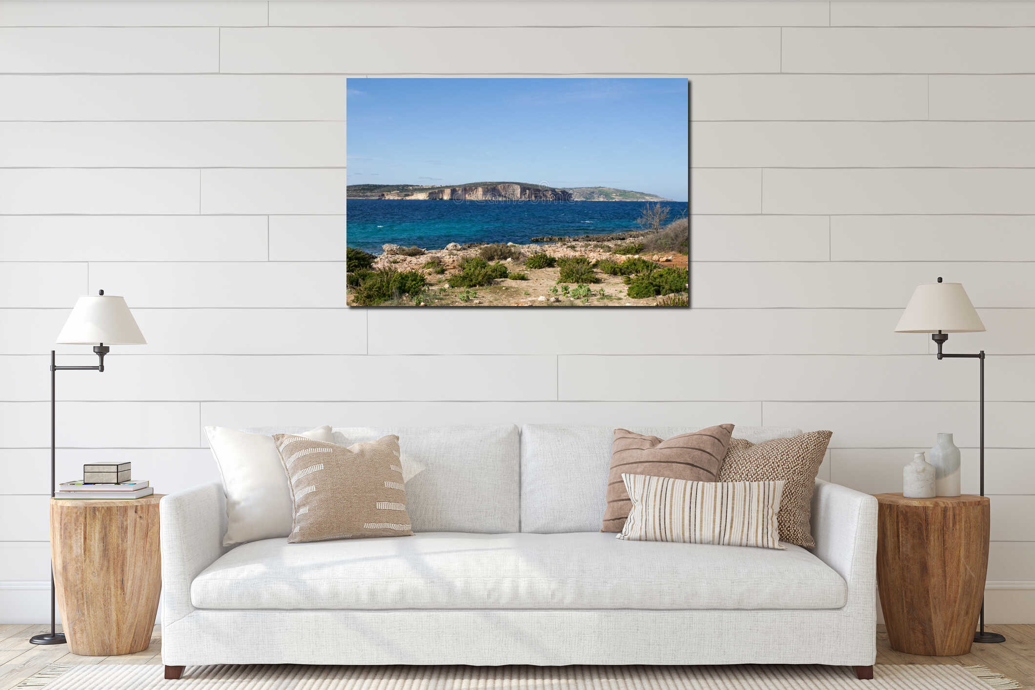 MARSAXLOKK, MALTA - 01 JAN, 2020: View to the island Gozo from rocky cliffs of the island of Malta interior mockup