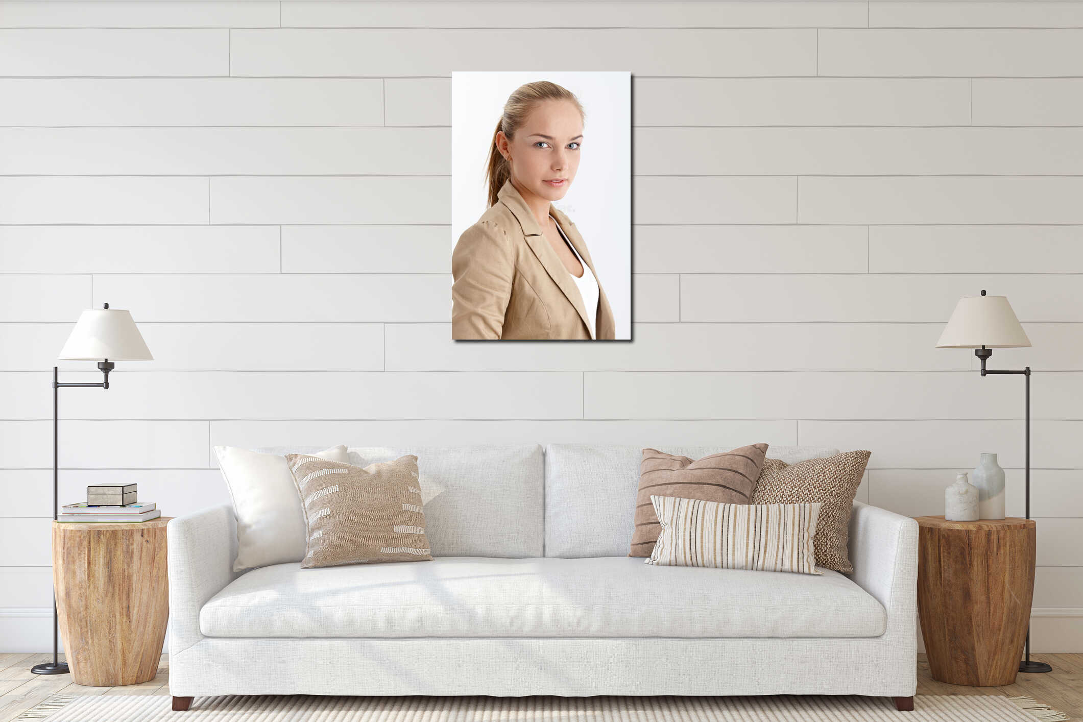Smiling blonde girl portrait interior mockup