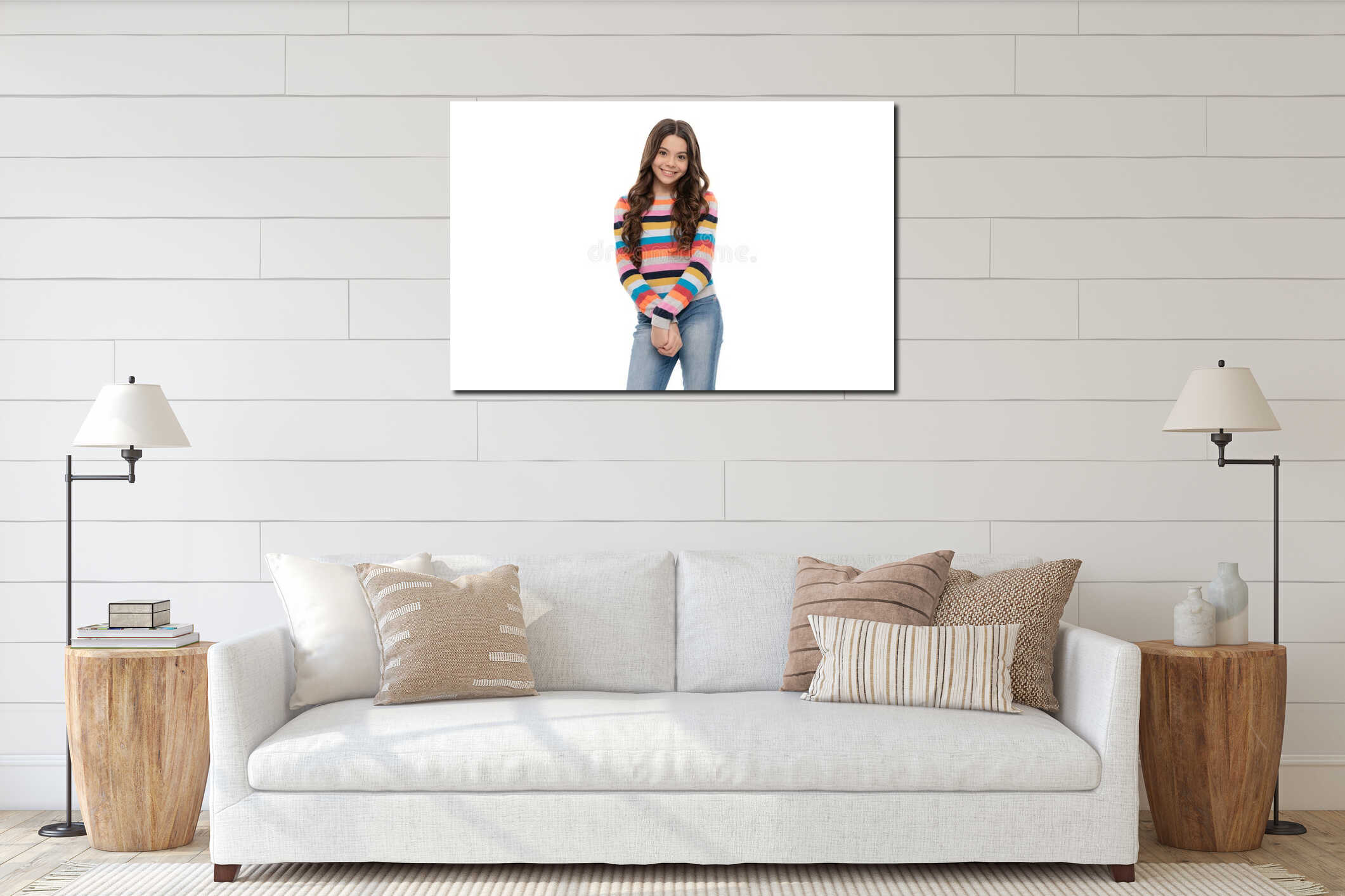 Happy teen girl smile in striped sweater isolated on white, teenage fashion interior mockup