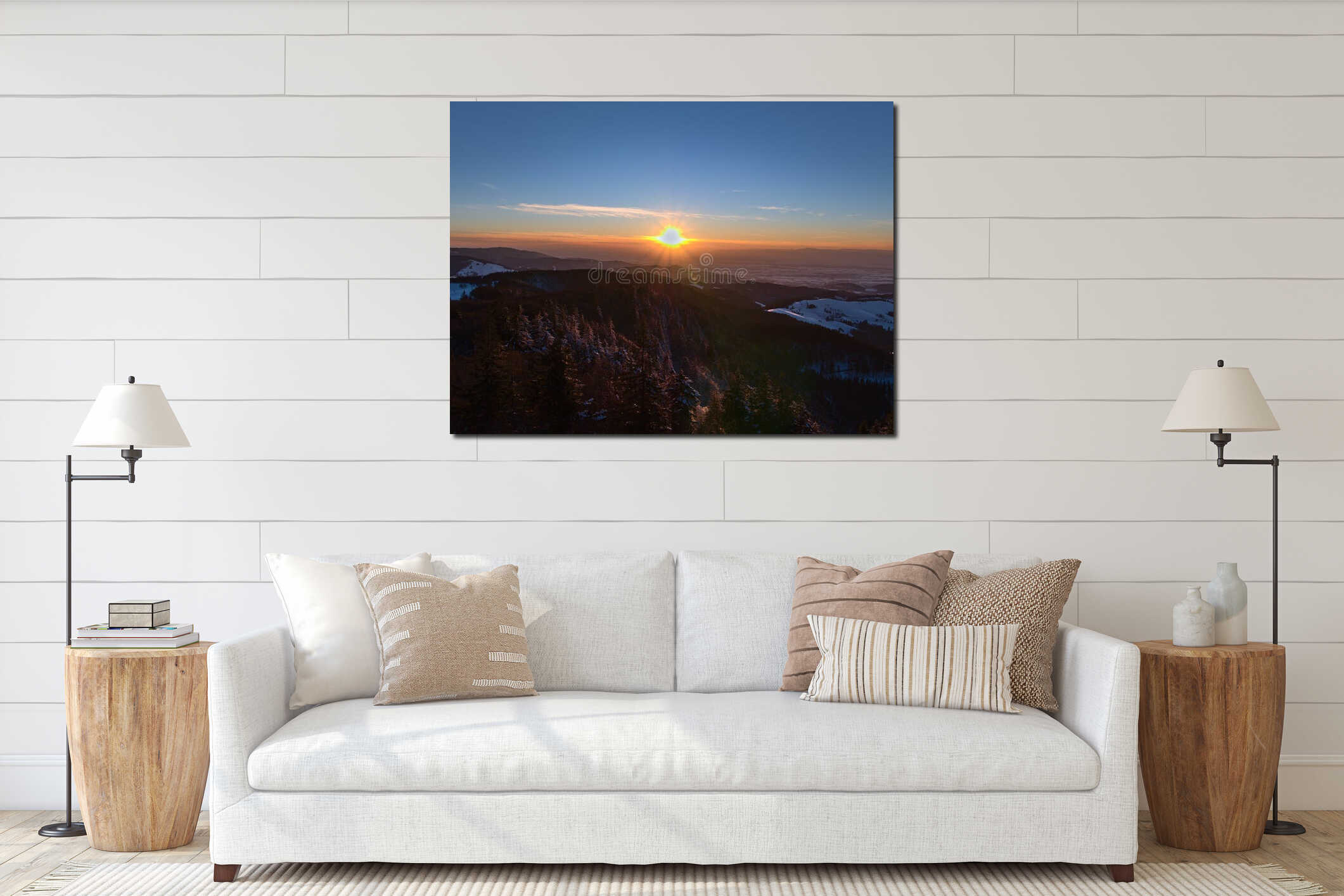 Sunset viewed from Eugen-Keidel-Turm on Schauinsland peak, Germany with beautiful view over the foothills of Black Forest. interior mockup