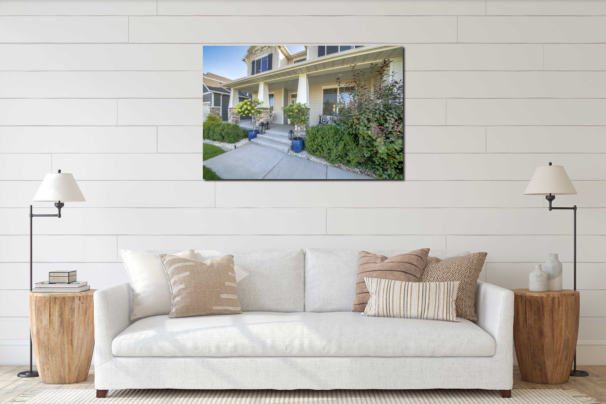 House exterior with bricks, garage and front yard landscape interior mockup