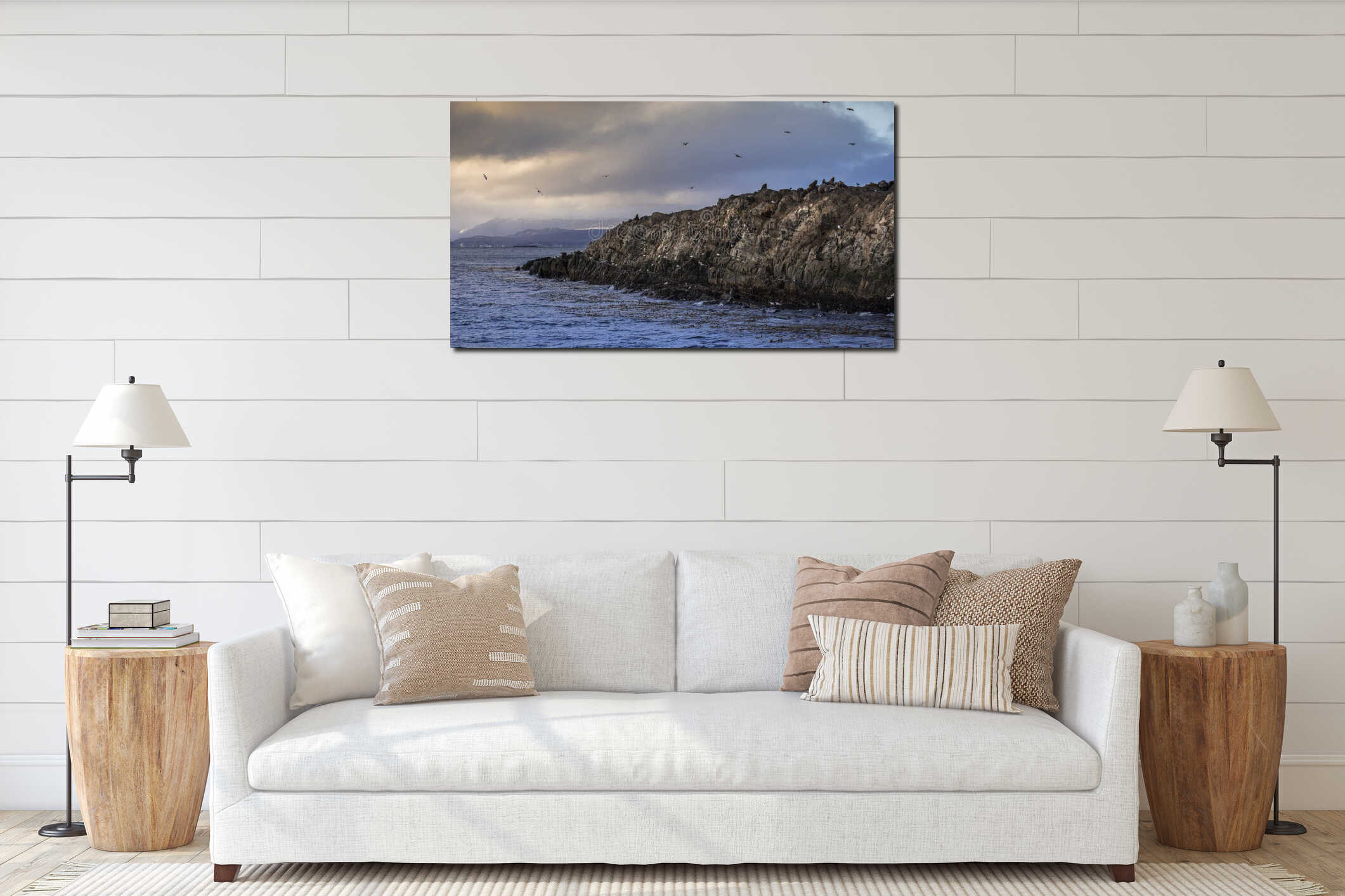 Little desertic island with a lot of sea wolves on the top and sea birds called cormorants - Otaria flavescens interior mockup