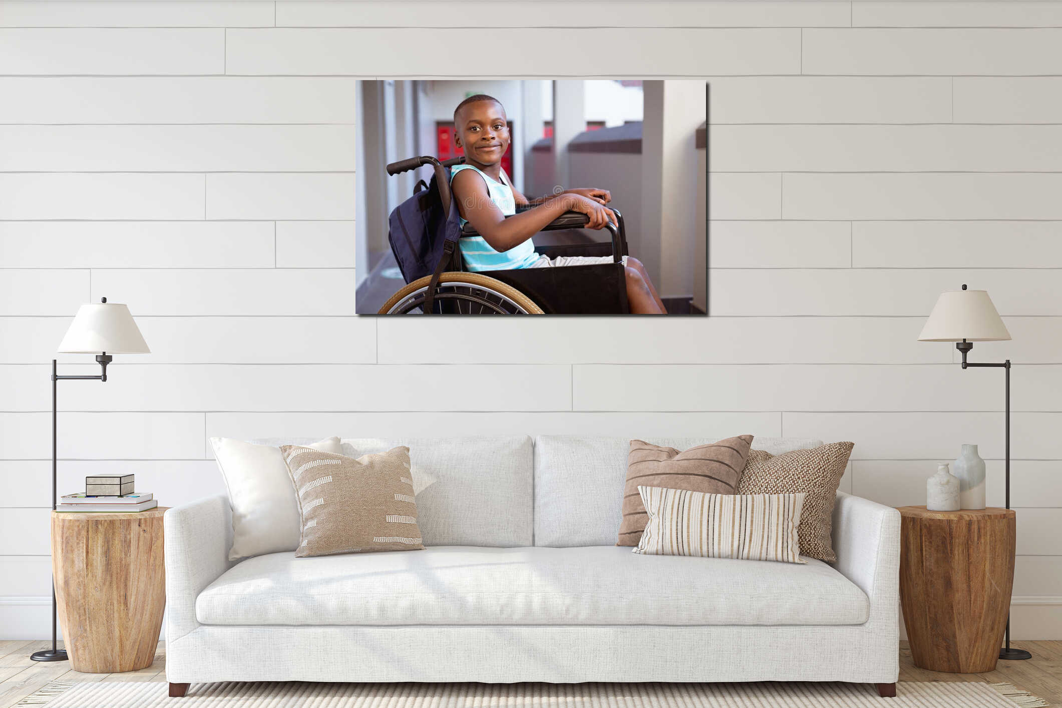 Portrait of smiling disabled african american schoolboy sitting in wheelchair in school corridor interior mockup