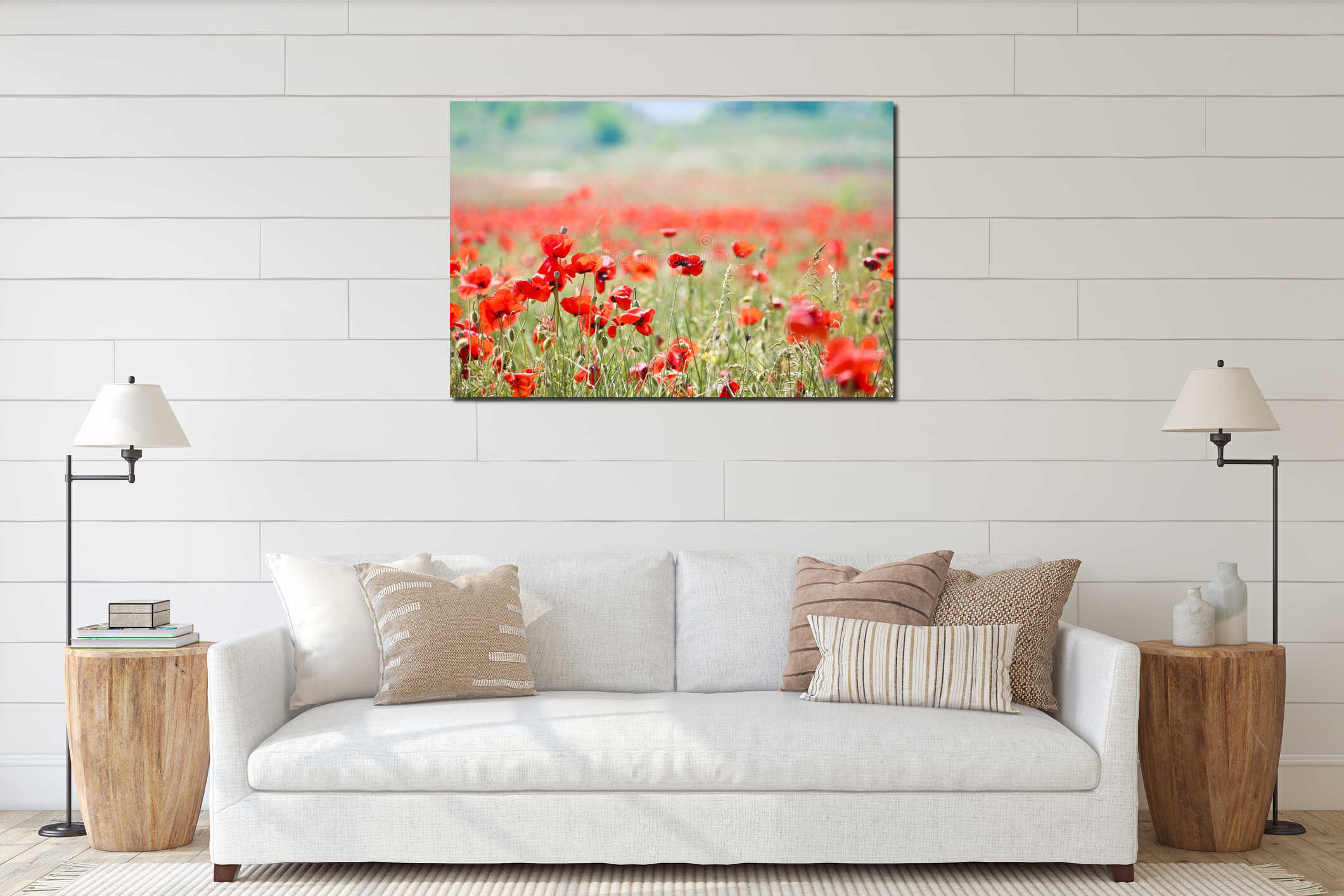 Poppy field. Scarlet flowers in the meadow. Large buds of red poppies on a sunny day interior mockup
