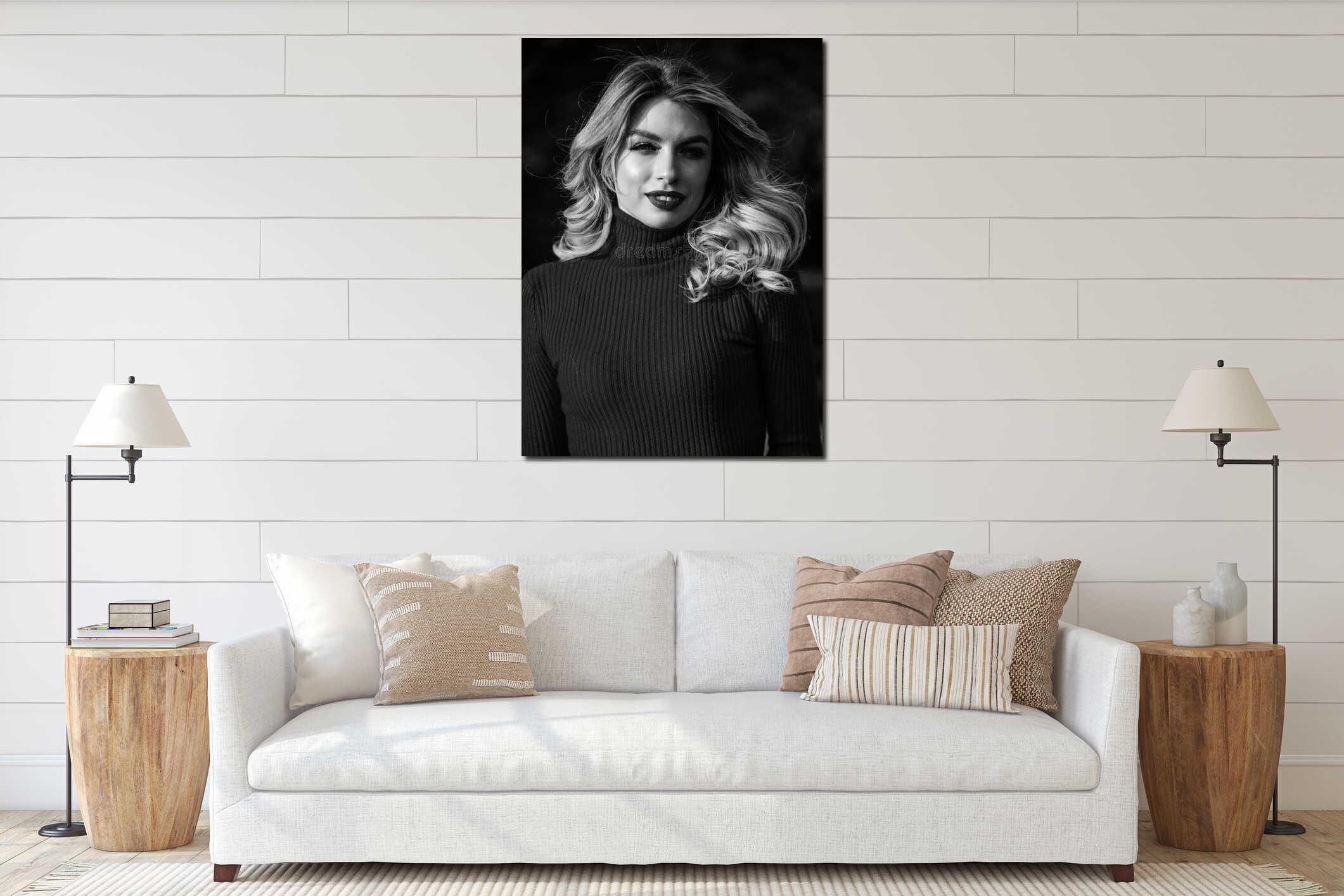 Autumn beauty. haidresser and makeup. fall fashion season. girl long blond hair. girl red lipstick in knitwear sweater interior mockup