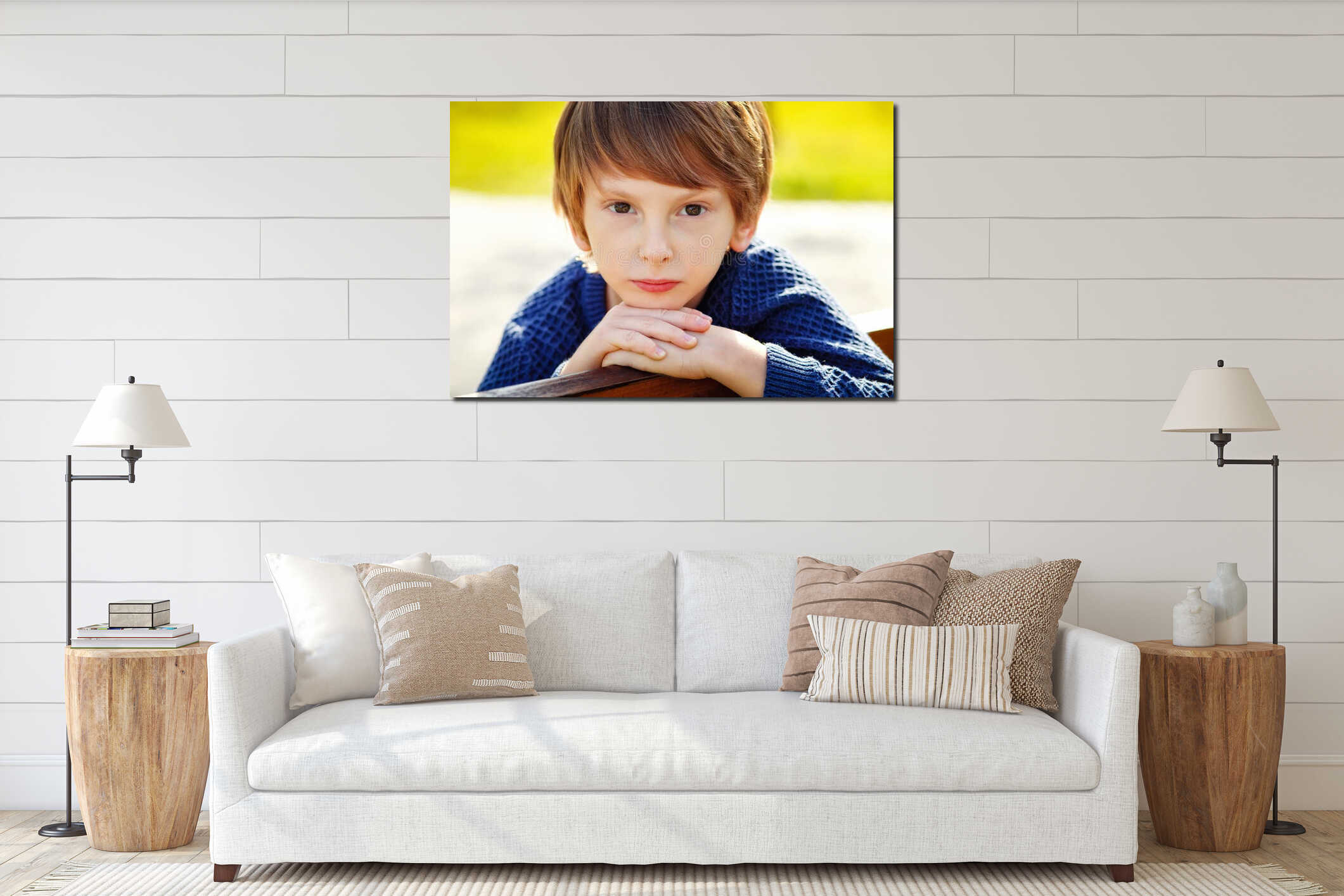 Close-up portrait of a beautiful red-haired boy with a very serious look. A sad expression on his face. Outdoor, copy space interior mockup