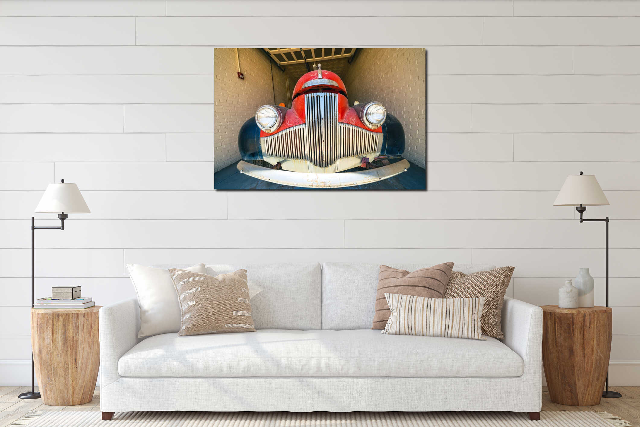 Close up of the front grill of a classic Studebaker vintage classic car interior mockup