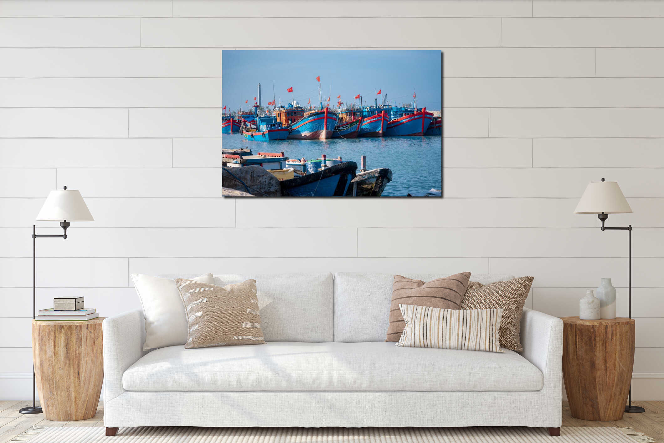 Many small boats in the harbor.Boats moored in the small harbor. interior mockup