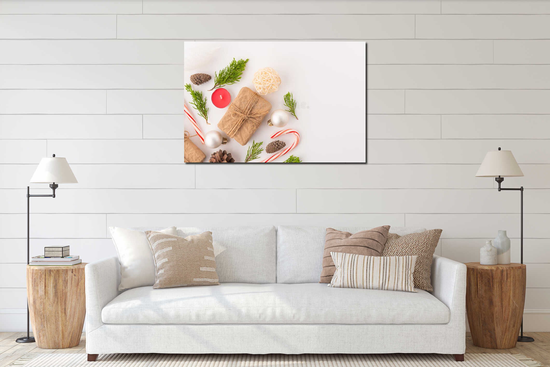 Christmas decoration. Celebrating Christmas and New Years. Nicely wrapped gift, candles, pine branches, cones, toys. Traditional interior mockup