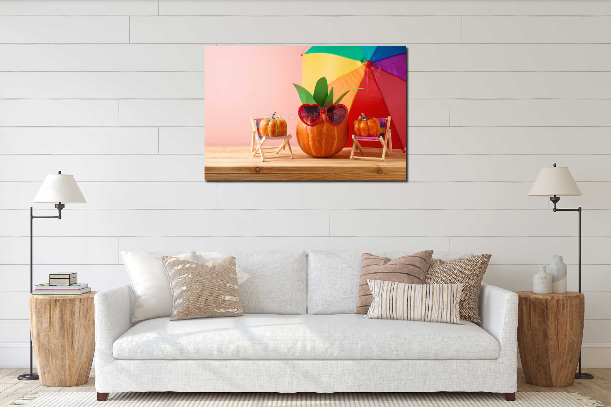 Halloween pumpkin creative decor as pineapple with sunglasses on wooden table interior mockup