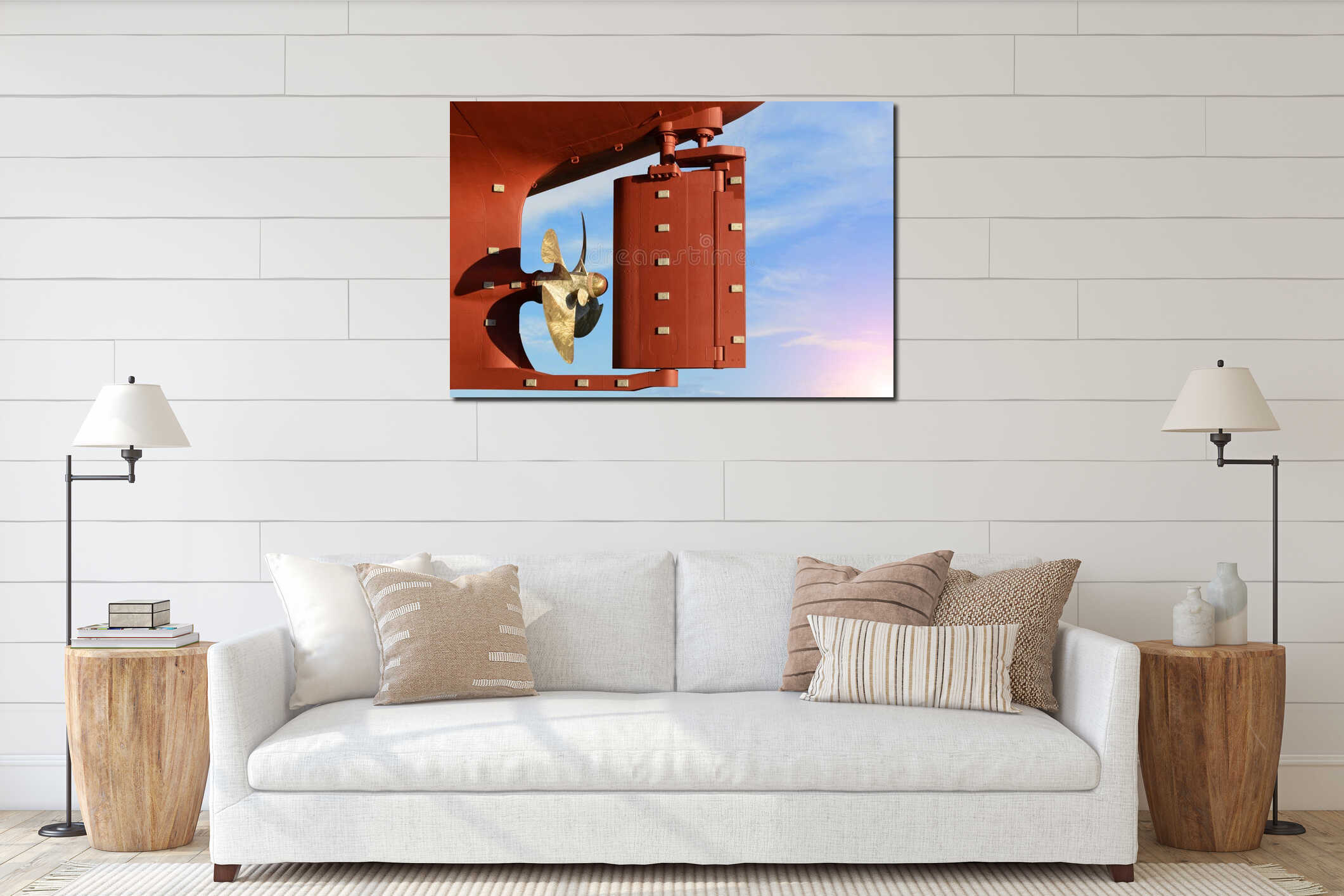 Propeller and rudder of Large cargo ships, aft of the commercial ocean ship in floating dry dock yard. interior mockup
