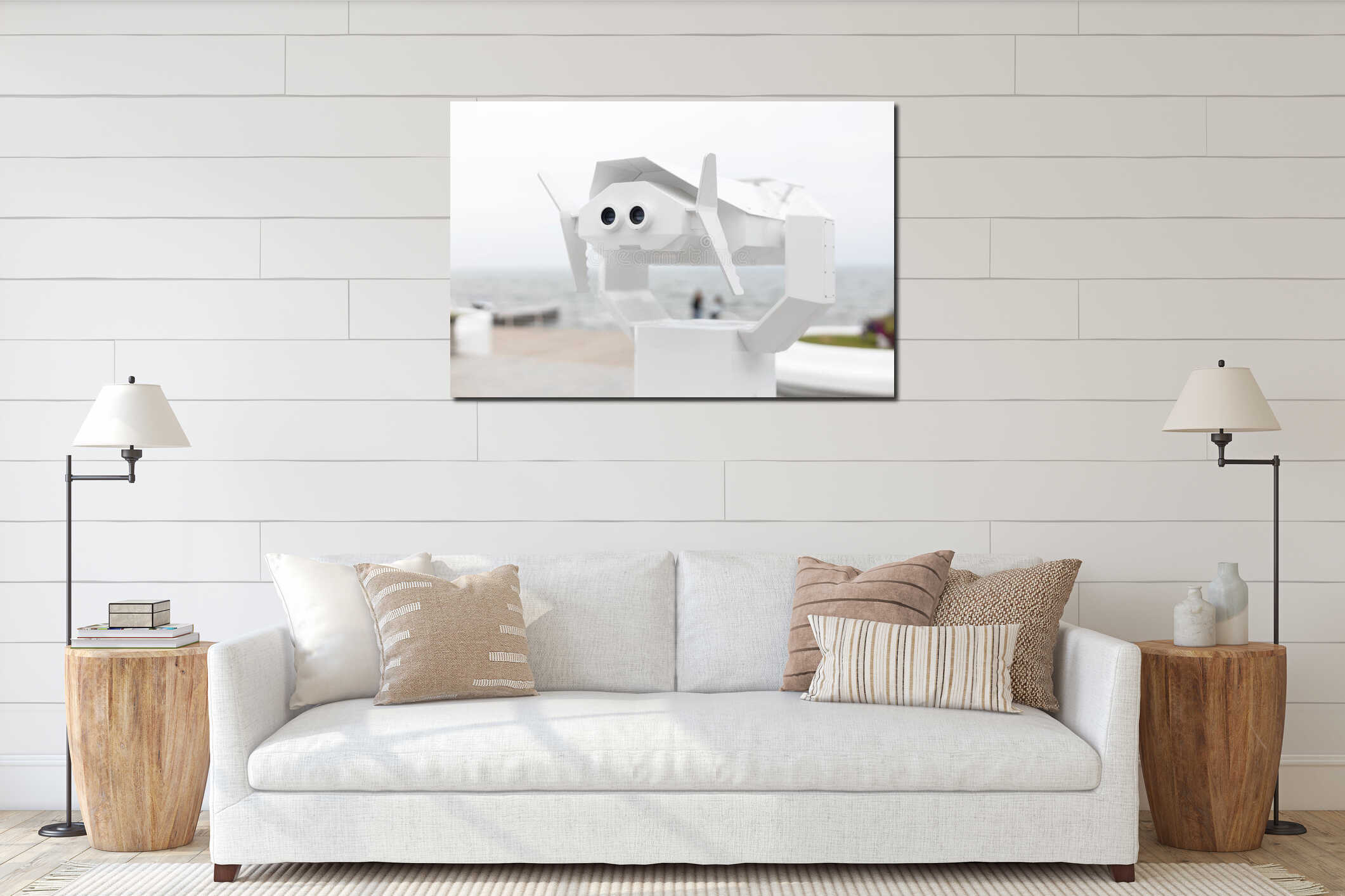 Binoculars telescope on observation deck for tourist viewing sea attractions interior mockup