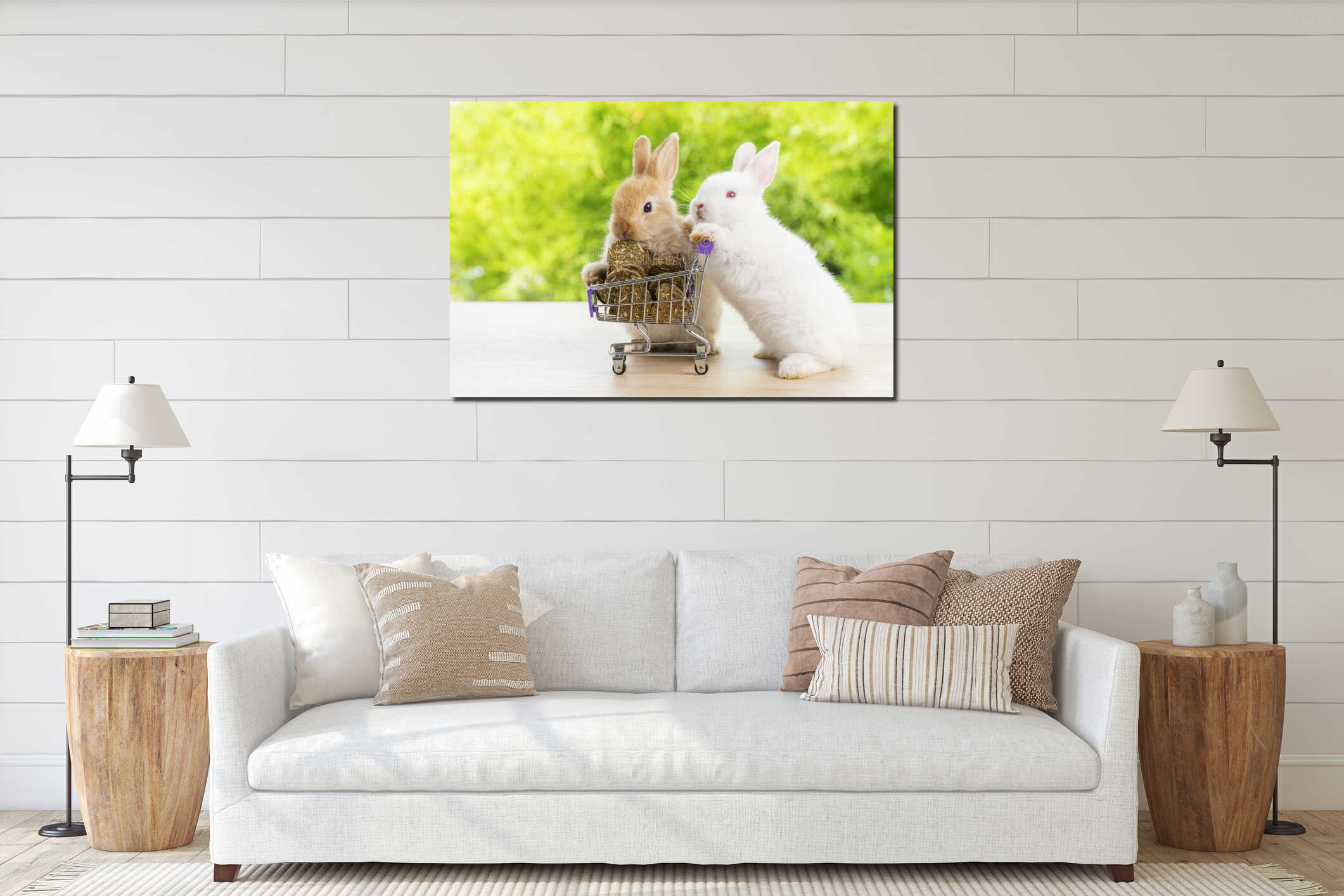 Easter holiday bunny animal and shop online concept.Two adorable baby rabbit white, brown pushing together purple shopping basket interior mockup