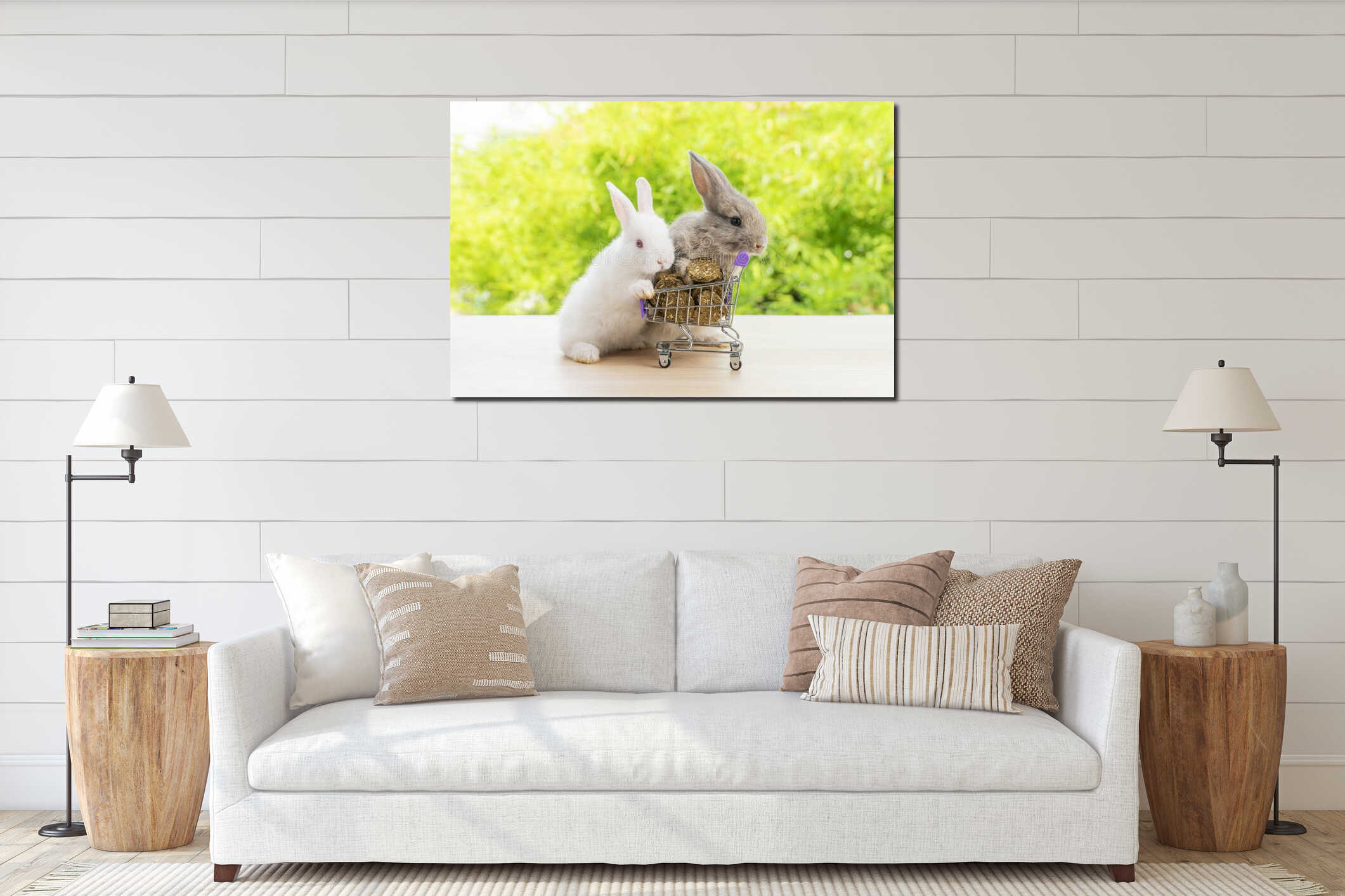 Easter holiday bunny animal and shop online concept.Two adorable baby rabbit white, black pushing together purple shopping basket interior mockup