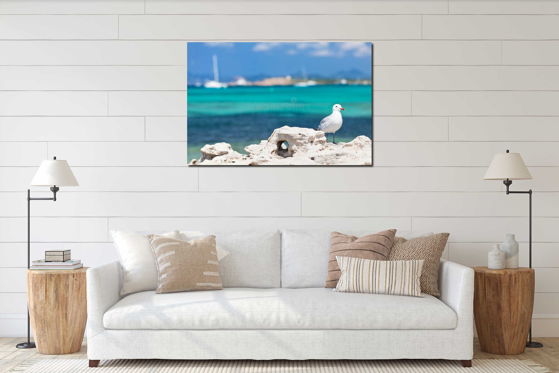 Seagull standing on the coastal rock. interior mockup