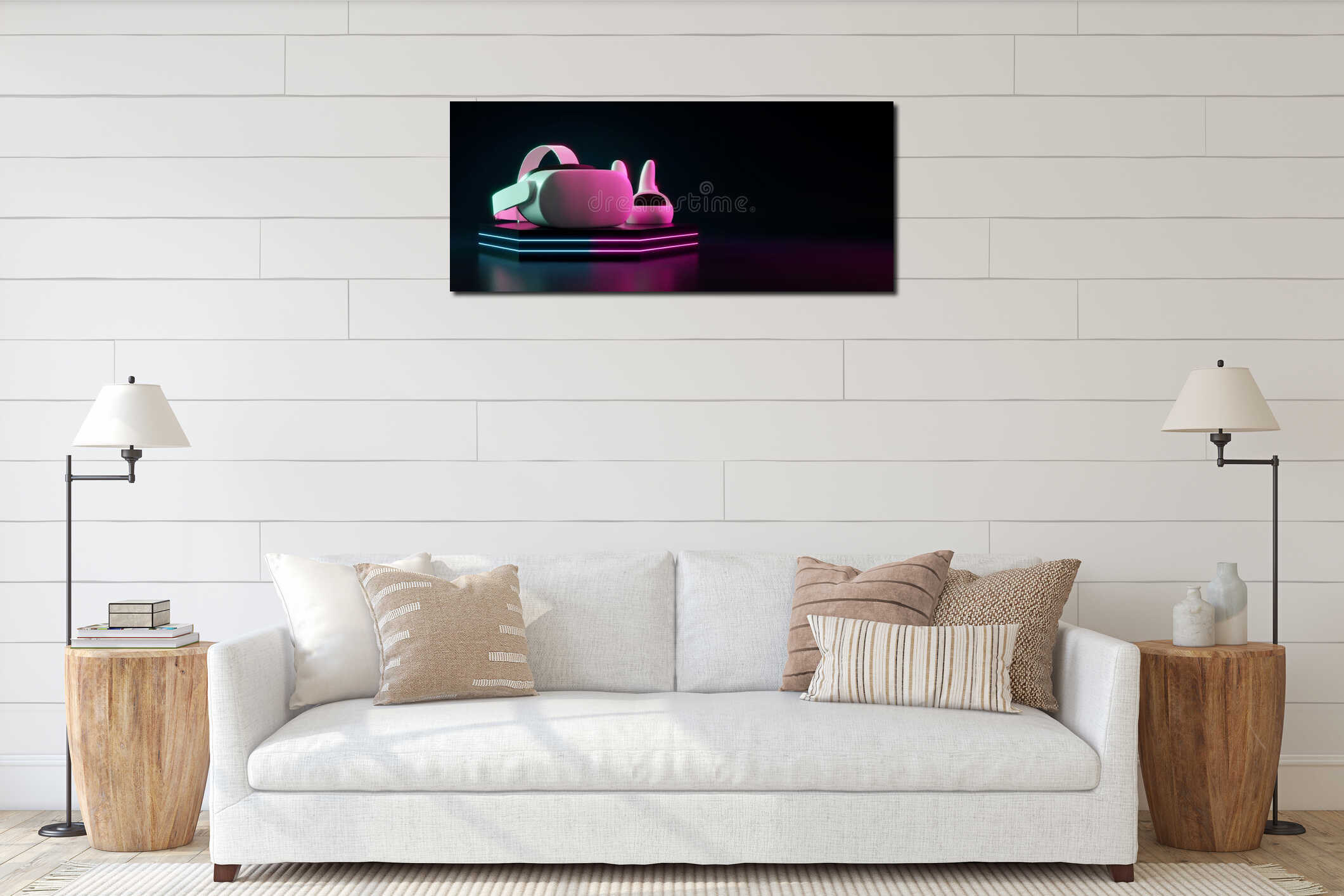 Virtual reality goggles, VR glasses, headset with controllers on neon light podium interior mockup