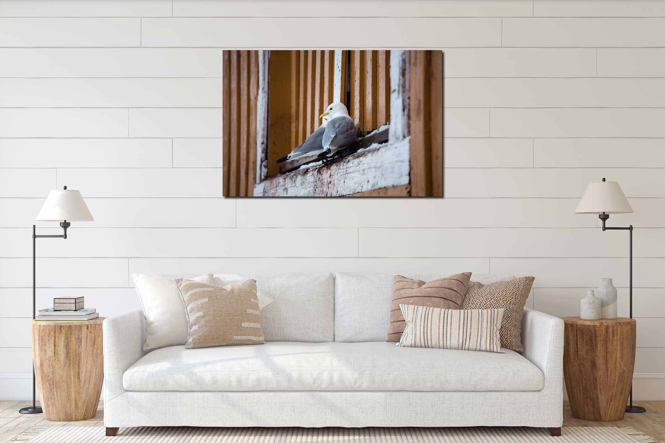 seagull, tarrock is sitting on wood in Norway interior mockup