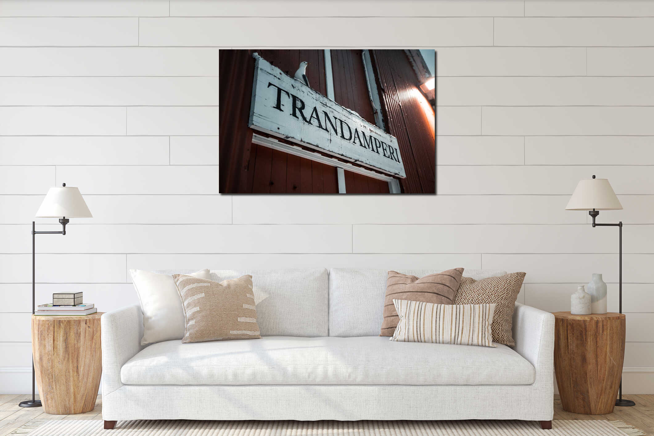 seagull, tarrock is sitting on wood in Norway, Lofoten small village Nusfjord interior mockup