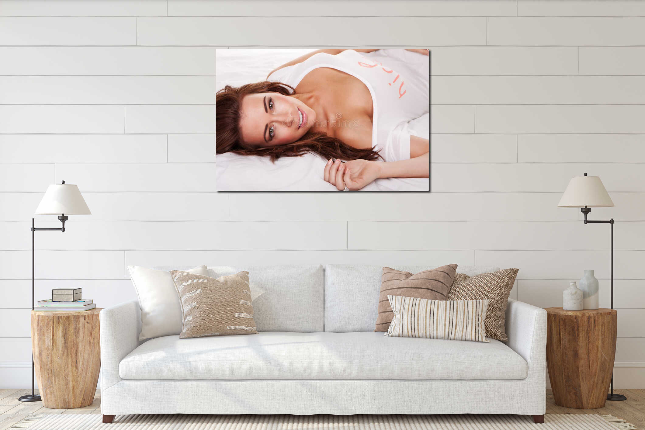 Beautiful Young Woman On Bed interior mockup