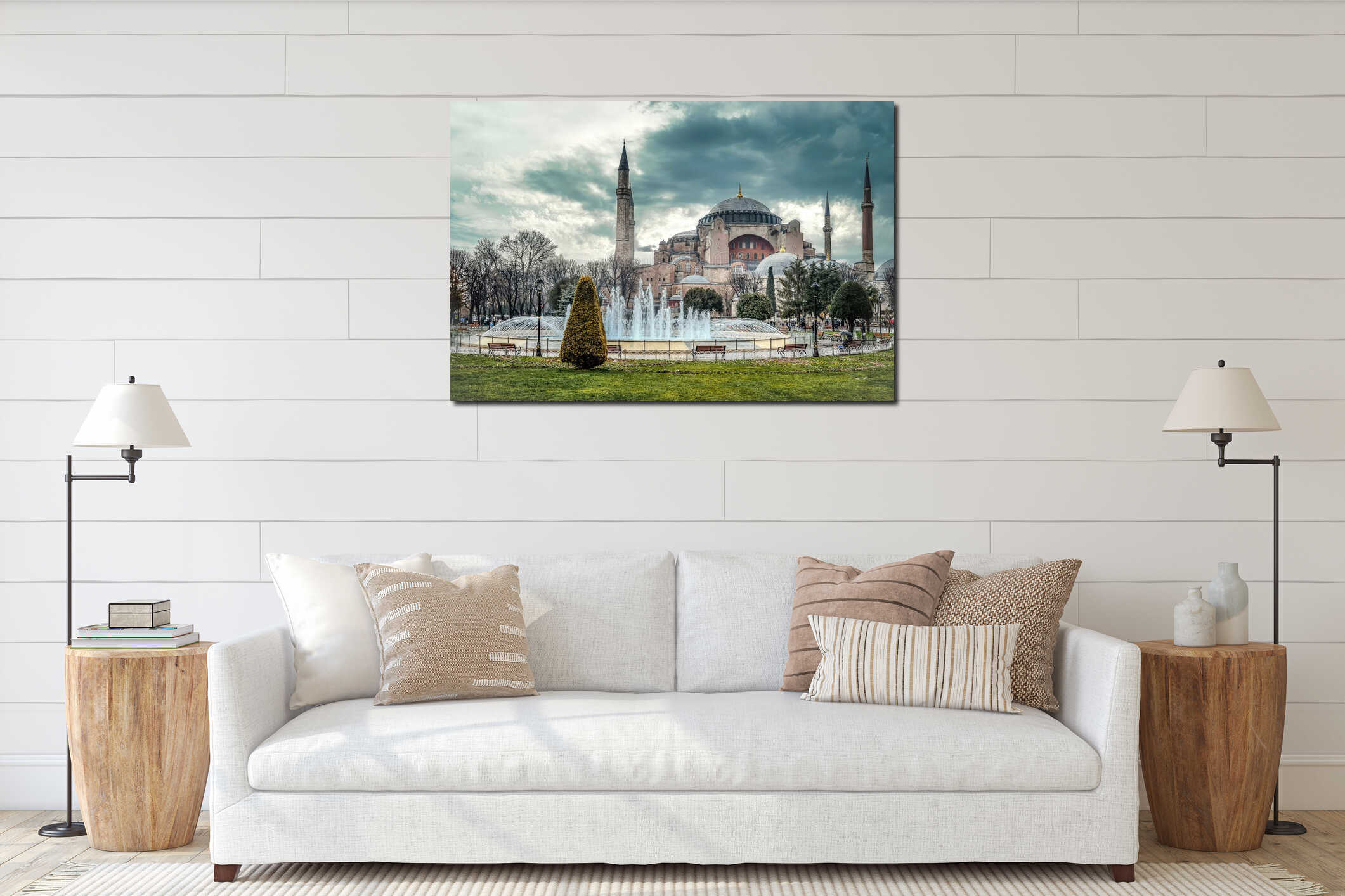 Hagia Sophia mosque dome and minarets in Sultanahmet square interior mockup