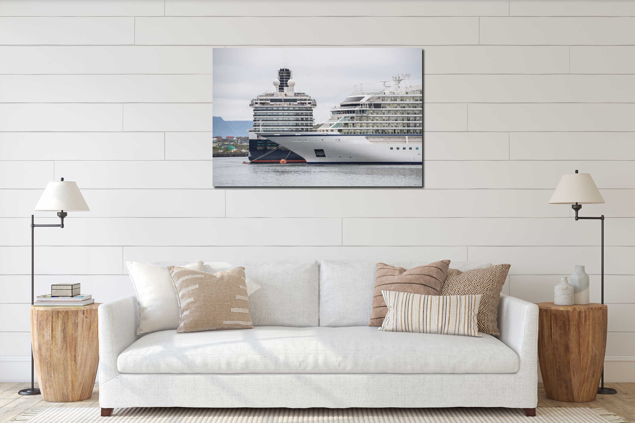 Two cruise ships docked in port interior mockup