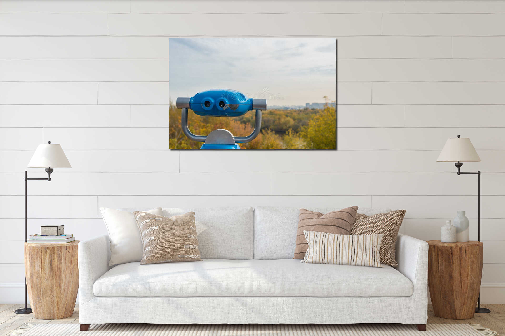 Blue stationary binoculars on the observation deck in Kolomenskoye on autumn. Moscow. Russia interior mockup