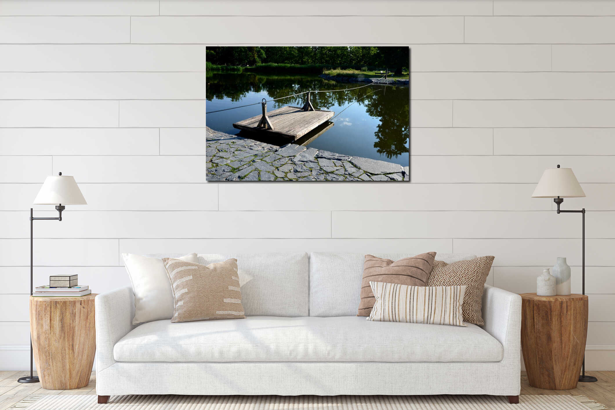 A wooden raft is tied to a taut rope. self-service ferry across the river, pond. People get on and pull their hands to the other b interior mockup