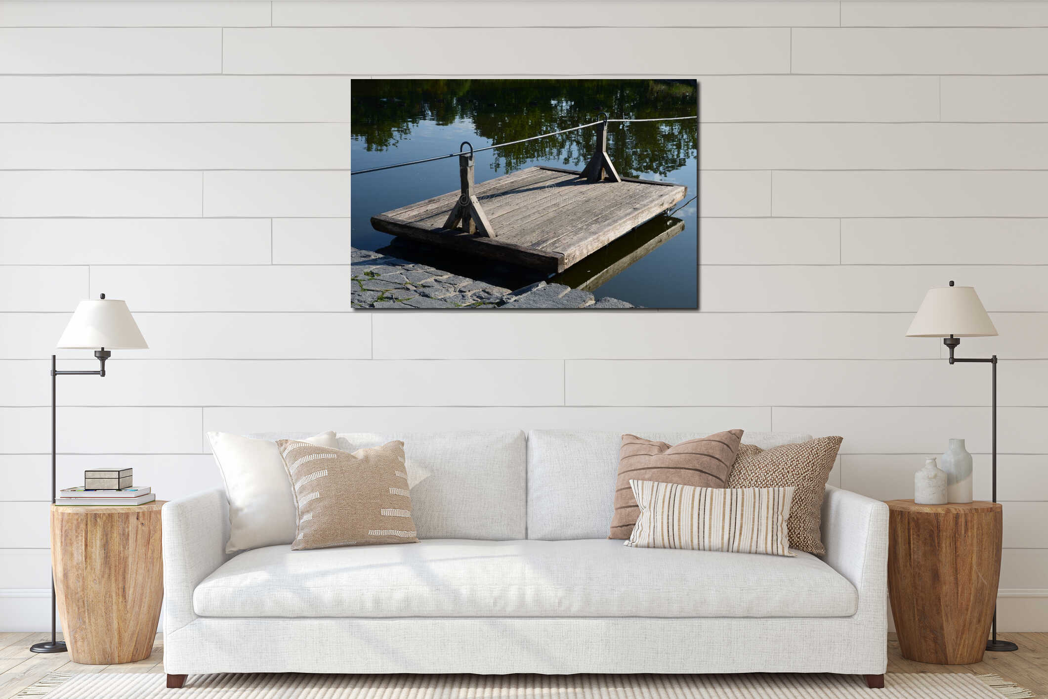 A wooden raft is tied to a taut rope. self-service ferry across the river, pond. People get on and pull their hands to the other b interior mockup