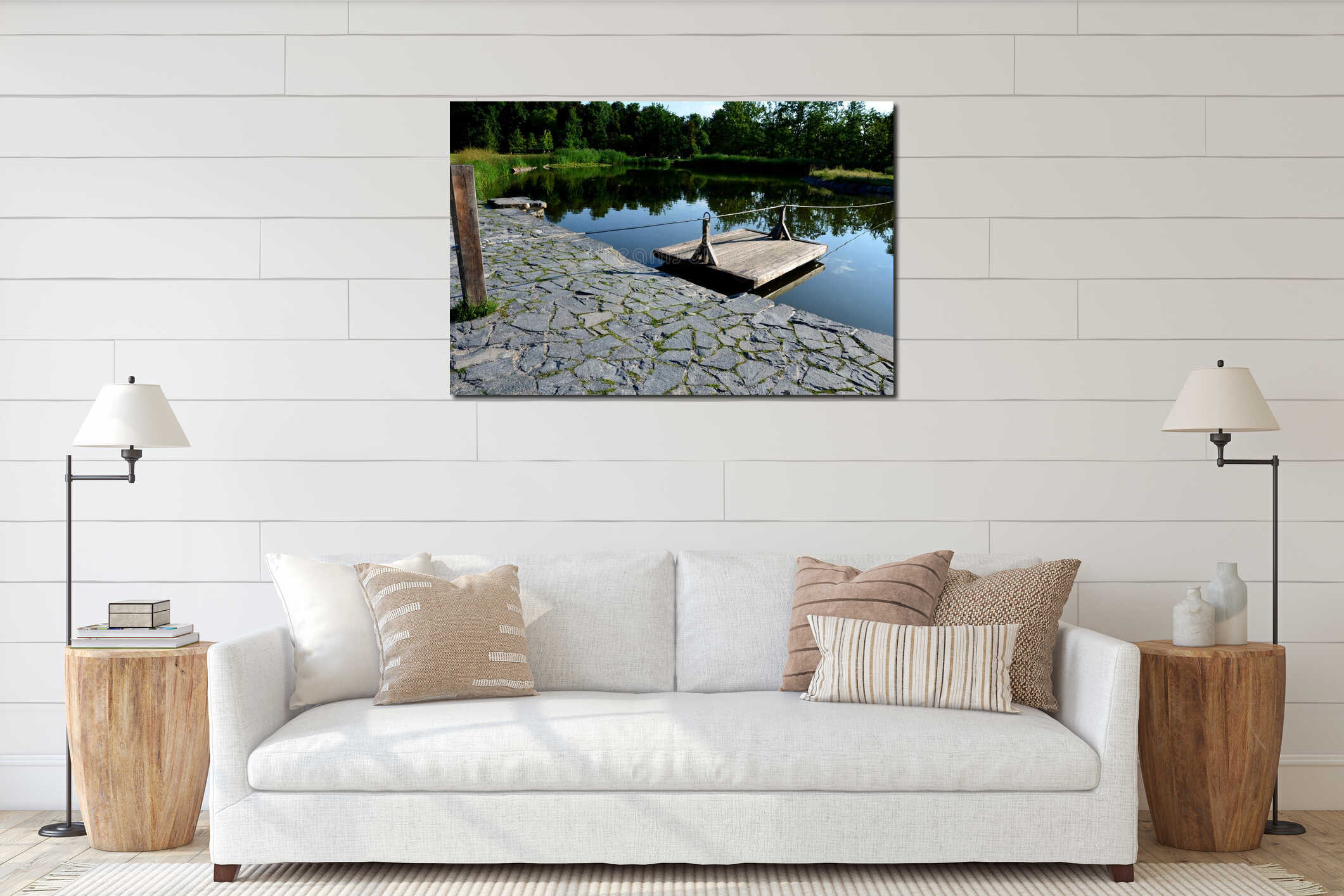 A wooden raft is tied to a taut rope. self-service ferry across the river, pond. People get on and pull their hands to the other b interior mockup