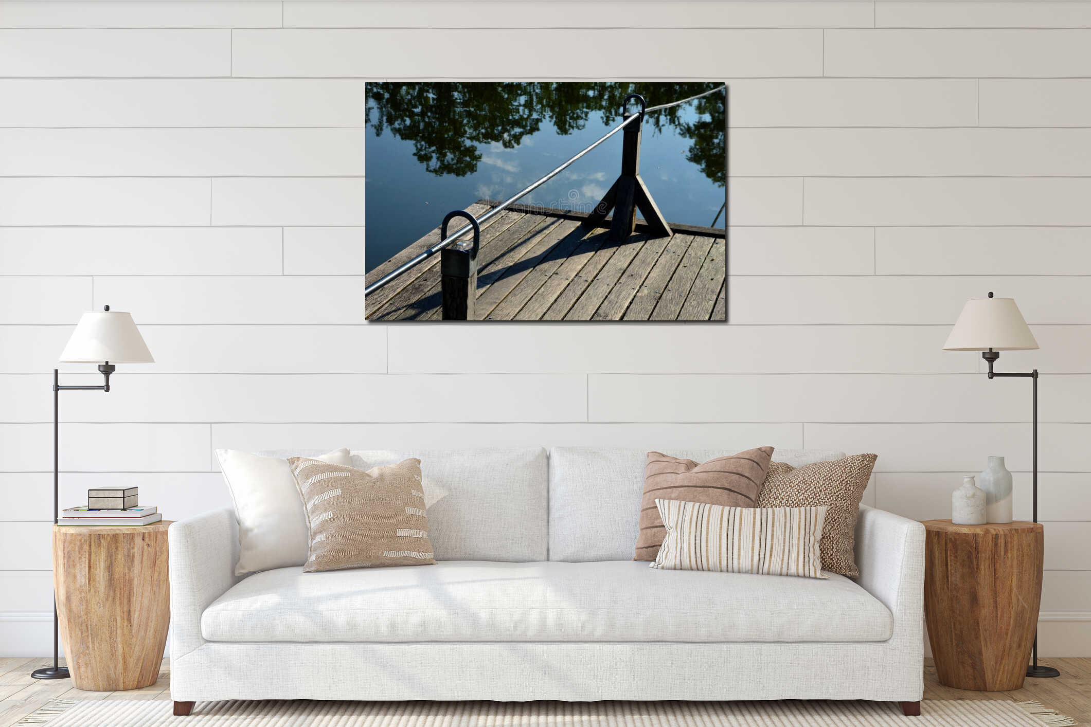 A wooden raft is tied to a taut rope. self-service ferry across the river, pond. People get on and pull their hands to the other b interior mockup