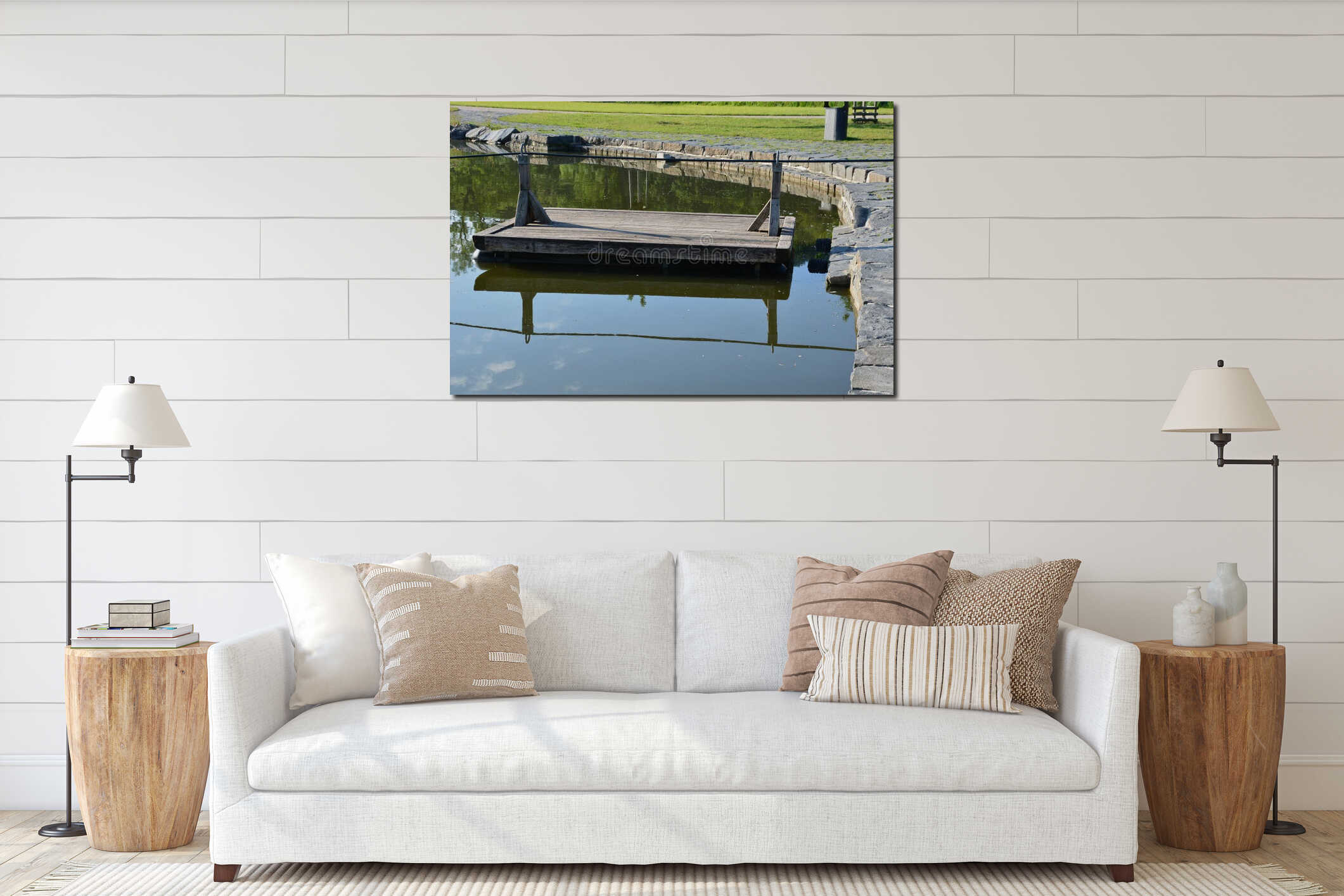 A wooden raft is tied to a taut rope. self-service ferry across the river, pond. People get on and pull their hands to the other b interior mockup