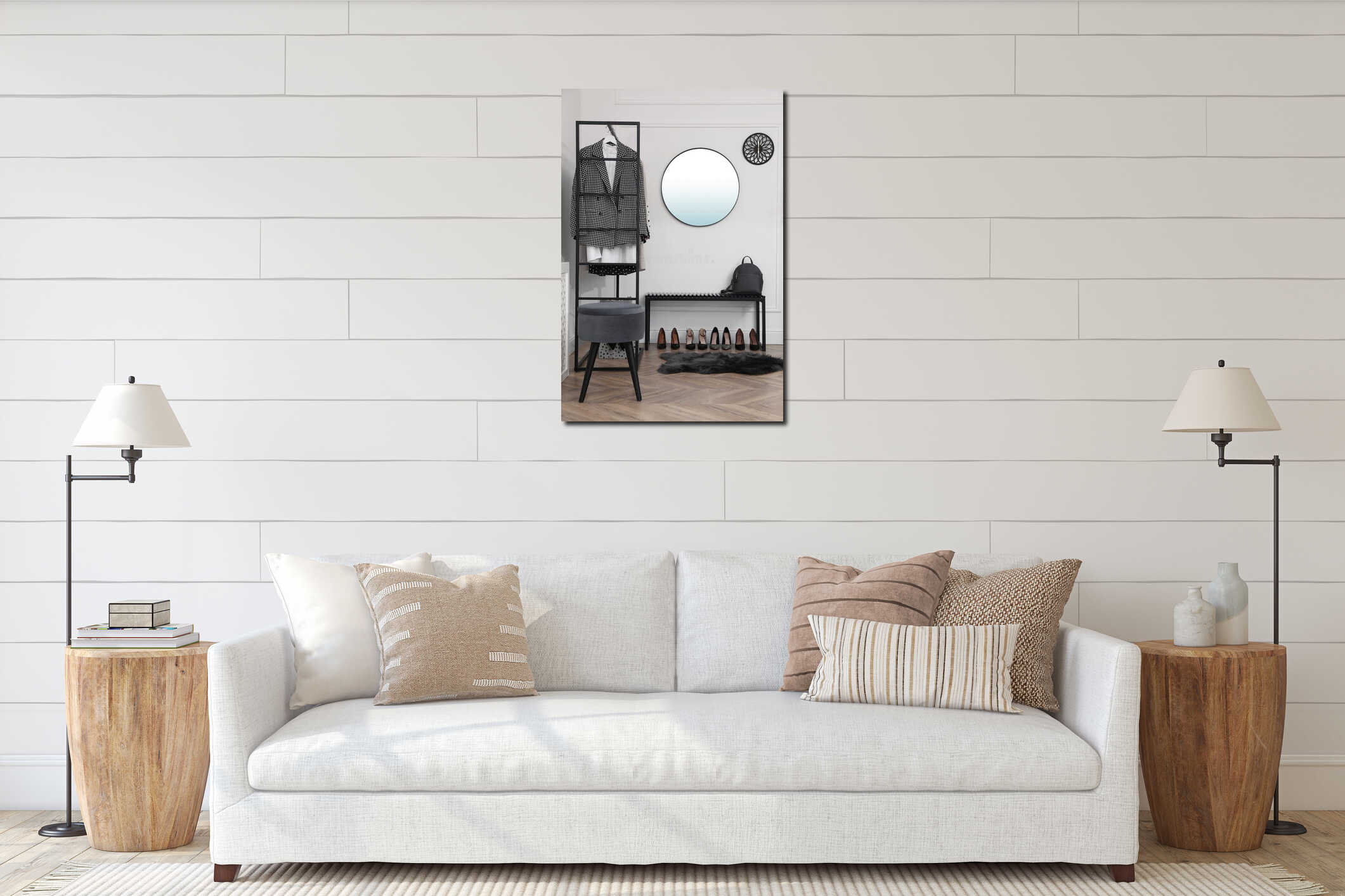 Dressing room with stylish clothes and shoes. Elegant interior design interior mockup