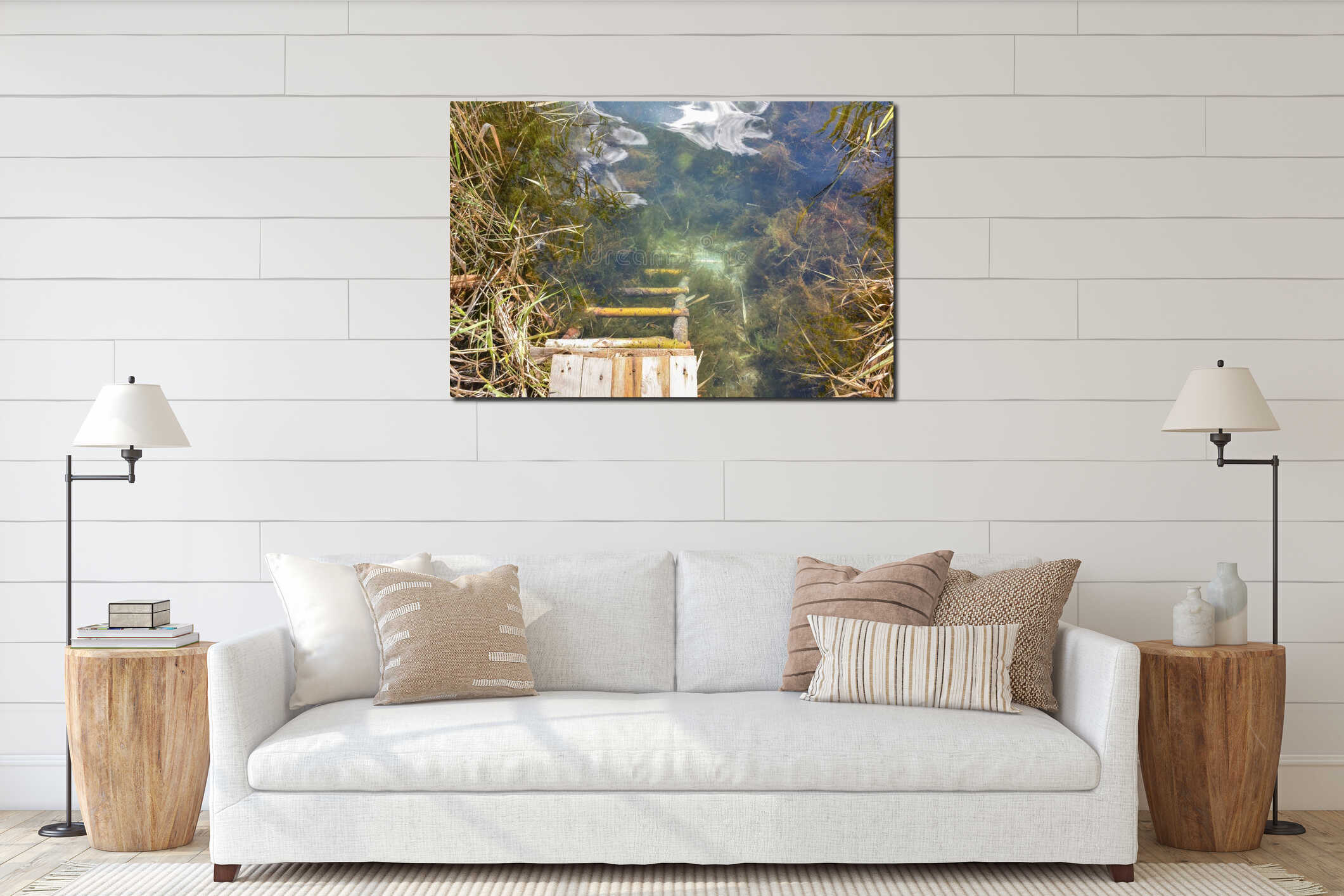 Stairs leading into the water overgrown with algae interior mockup