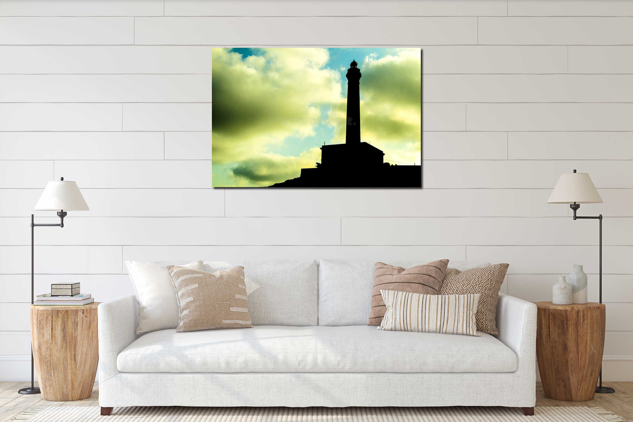 Beautiful Cabo de Palos lighthouse silhouette on a sunny day of summer interior mockup