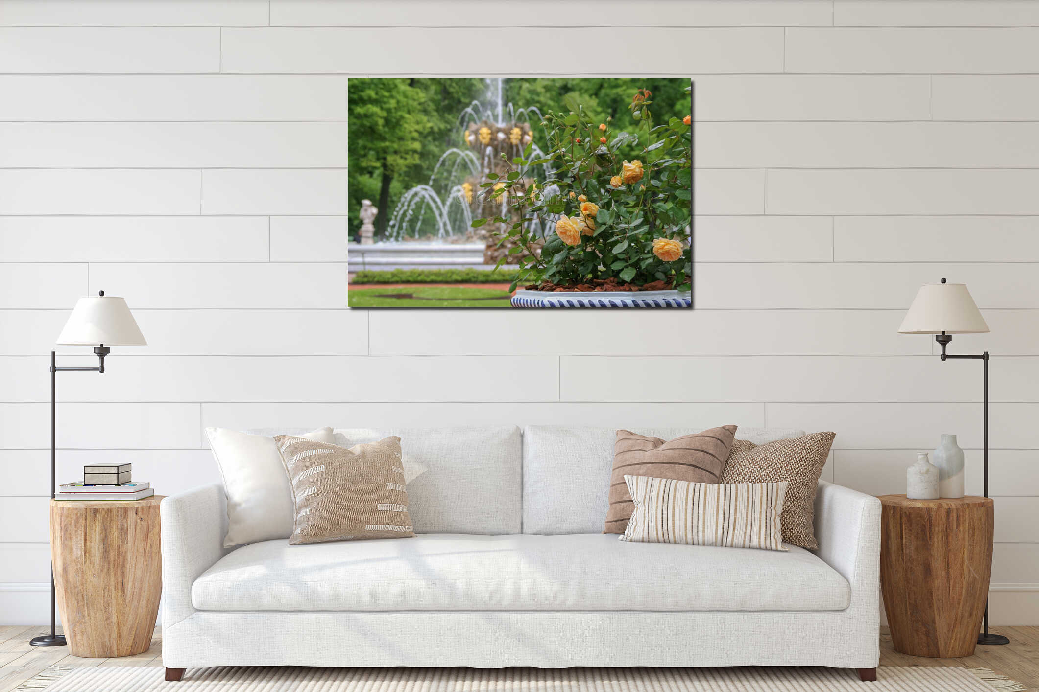 Russia, St. Petersburg, summer garden, fountain close-up, blooming roses interior mockup