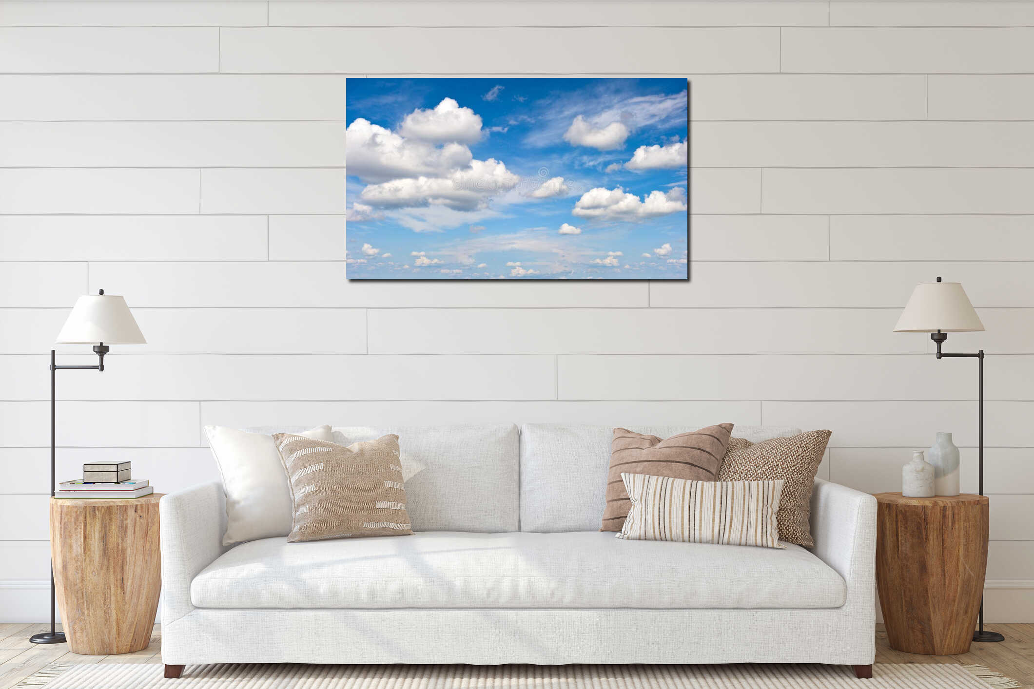 Perfect blue cloudy day sky interior mockup