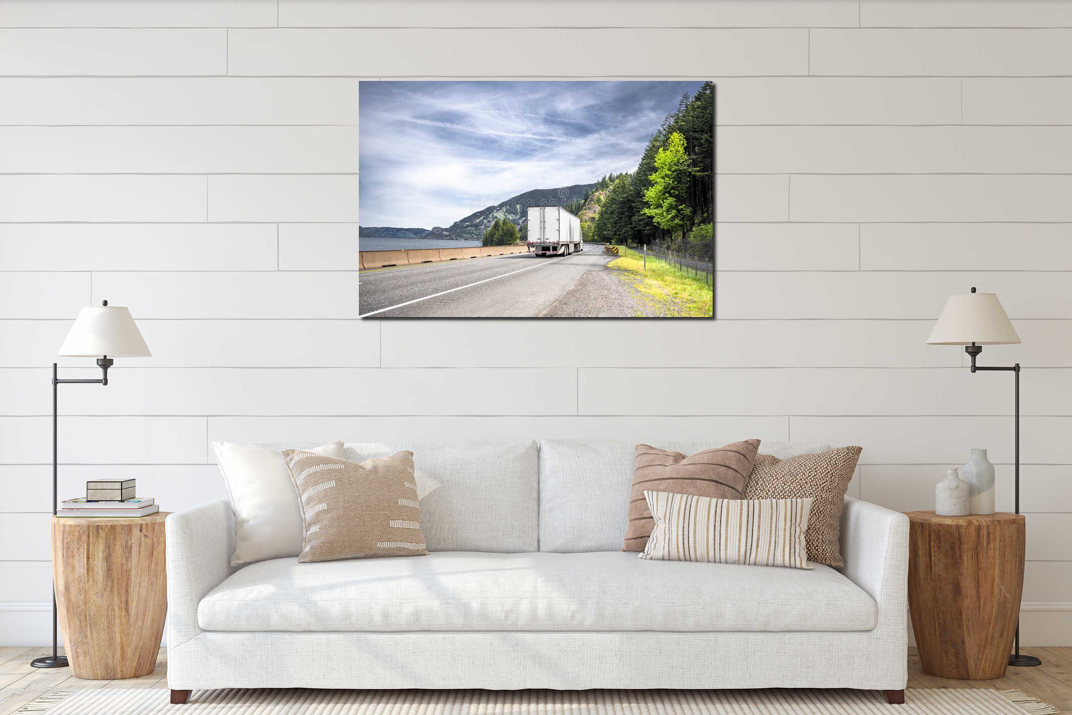 Big rig white semi truck tractor transporting commercial cargo in dry van semi trailer running on the winding road along the river interior mockup