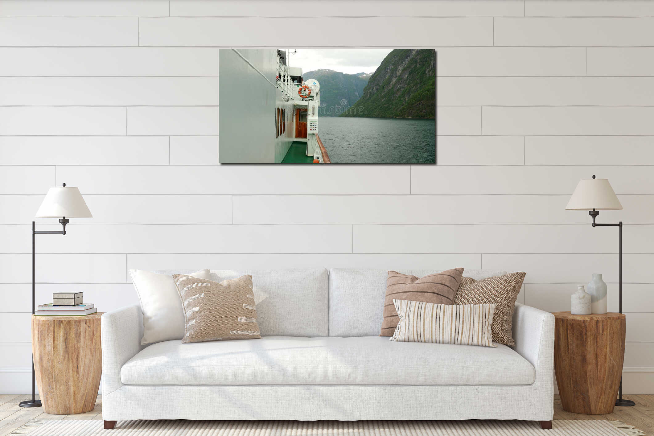 Sunnylvsfjorden, Norway. Touristic Ship Ferry Boat Floating Through Waters Of Sunnylvsfjorden In Spring Summer Day interior mockup